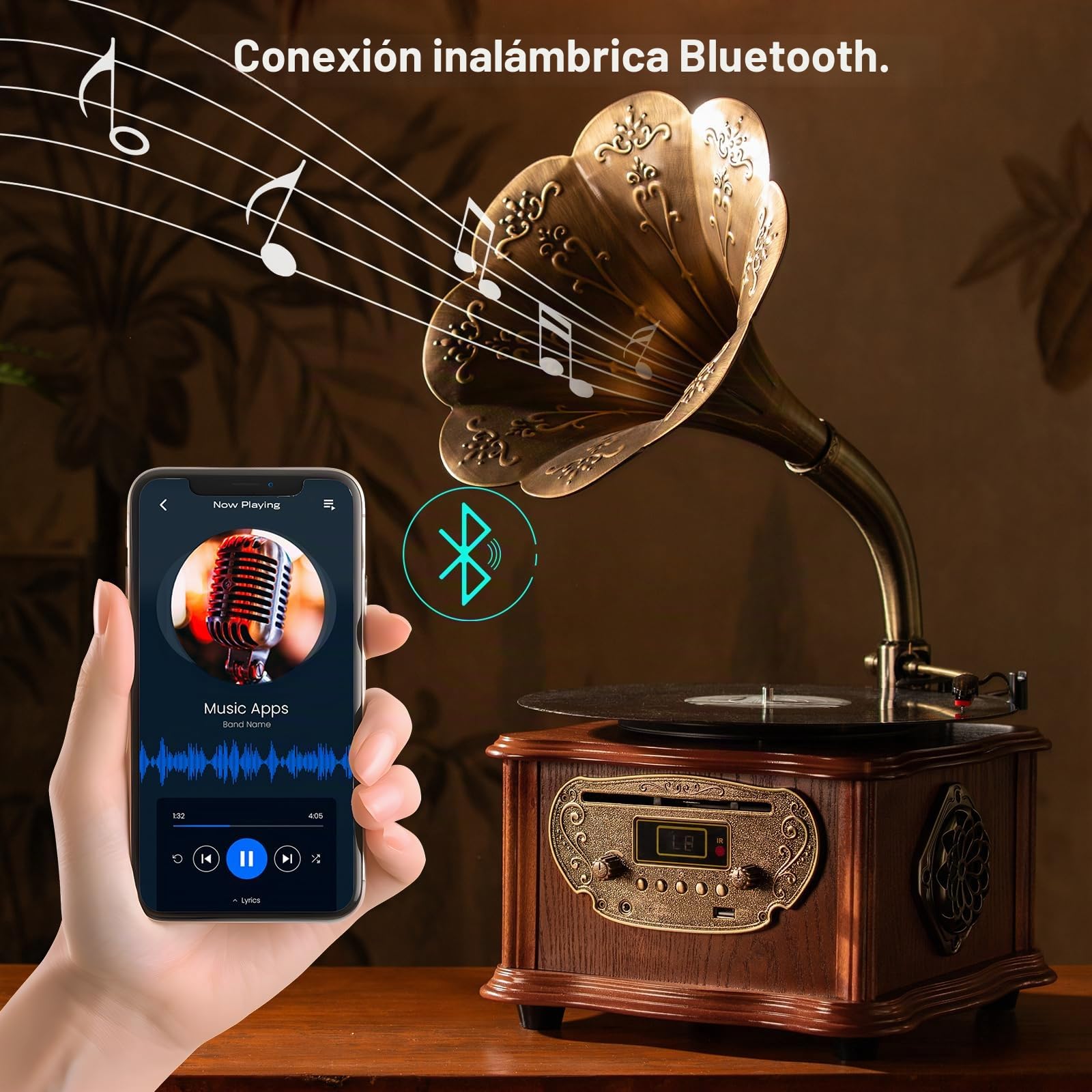Gramófono retro negro, tocadiscos con Bluetooth, fonógrafo y reproductor de CD, radio FM, control mediante mando a distancia