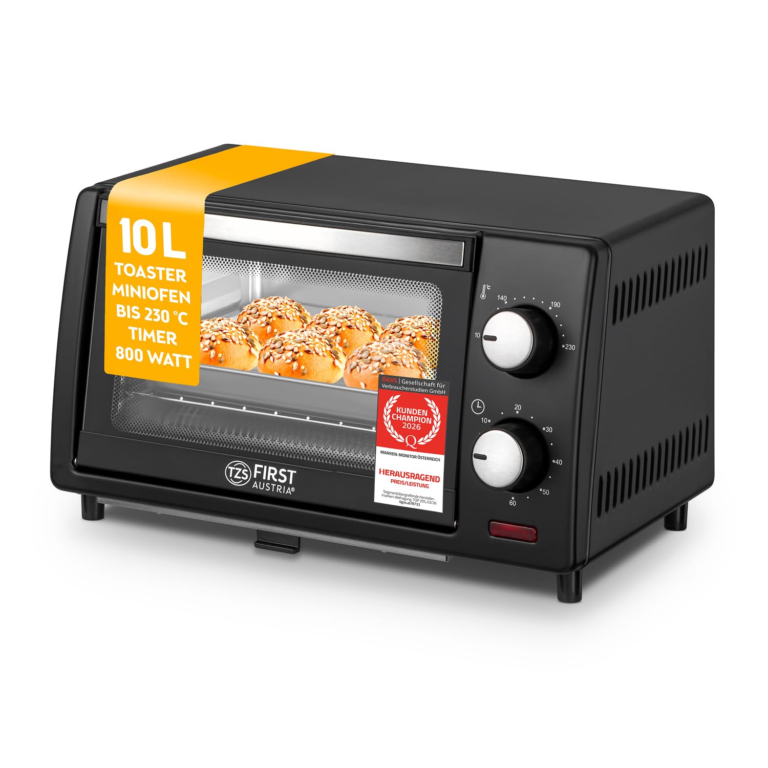 TZS First Austria - Minibackofen 10L 800W - Mini Backofen stufenlose Temperaturregelung bis 230°C - Miniofen 60 Min. Timer, 2 Einschubhöhen, Backblech & Grillrost - Für kleine Küchen & Camping