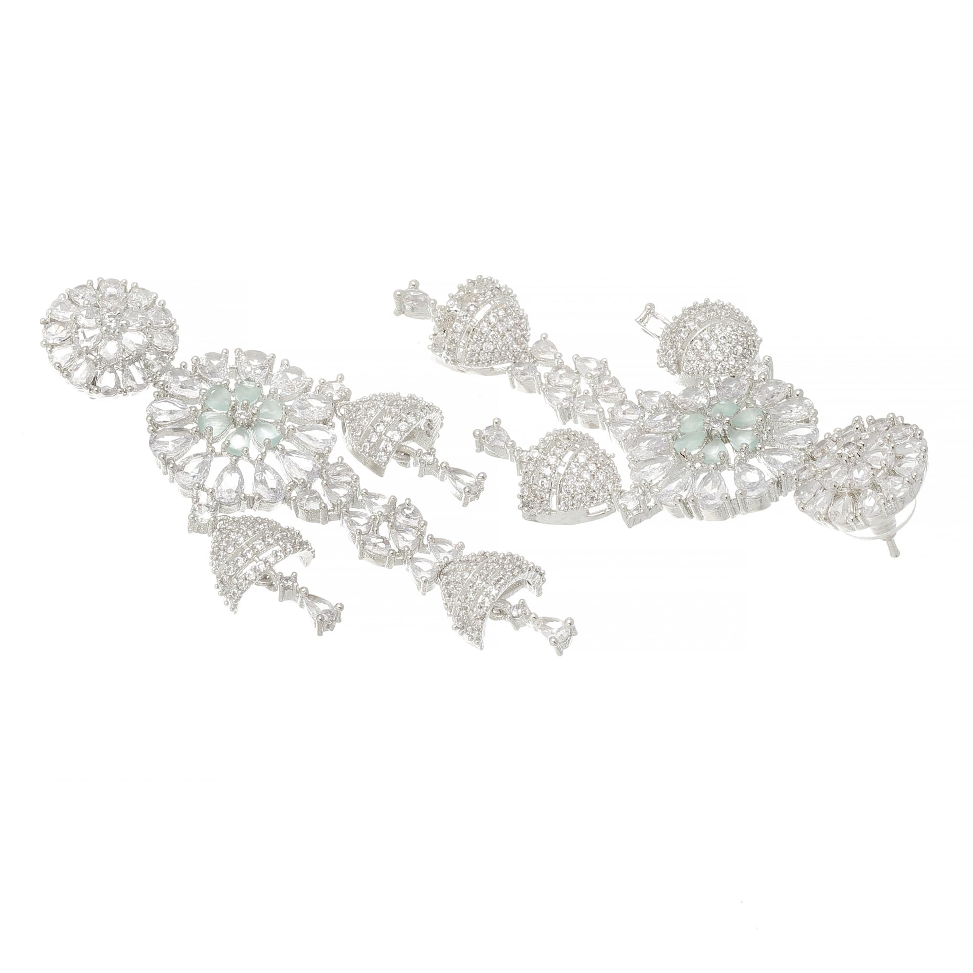 Rhodium-Plated Circular Drop Earrings with American Diamond Studs