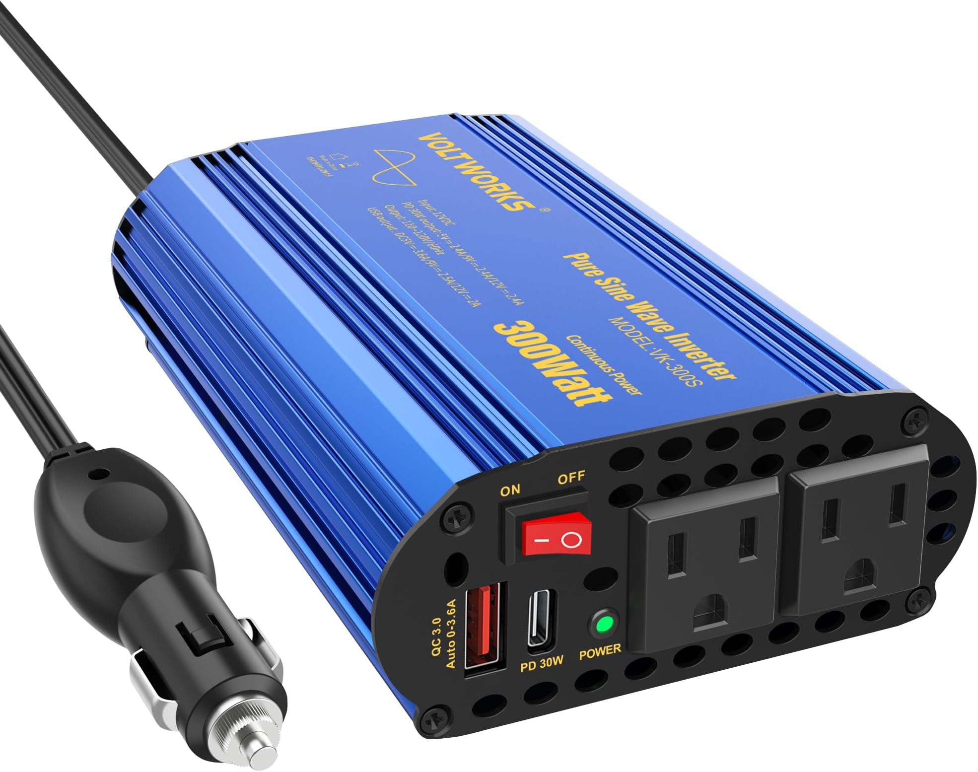 300W Pure Sine Wave Power Inverter for Car Truck RV Adapter DC 12V to AC 110V 120V with Dual 4.8A USB Port & AC Outlets by VOLTWORKS
