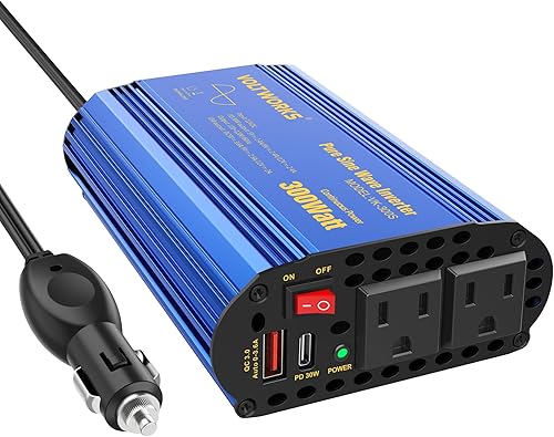 Inversor de corriente de onda sinusoidal pura de 300 W para automóvil, camión, RV, adaptador DC 12V a CA 110V 120V con tipo C PD30W y QC3.0 USB y 2