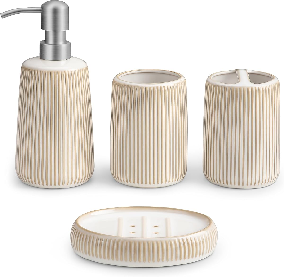 Ceramic Bathroom Accessories Set 4 Piece, Soap Dispenser with Stainless Steel Pump, Toothbrush Holder, Tumbler and Soap Dish, Modern Relief Design, Bathroom Decor Organizer, Beige-White