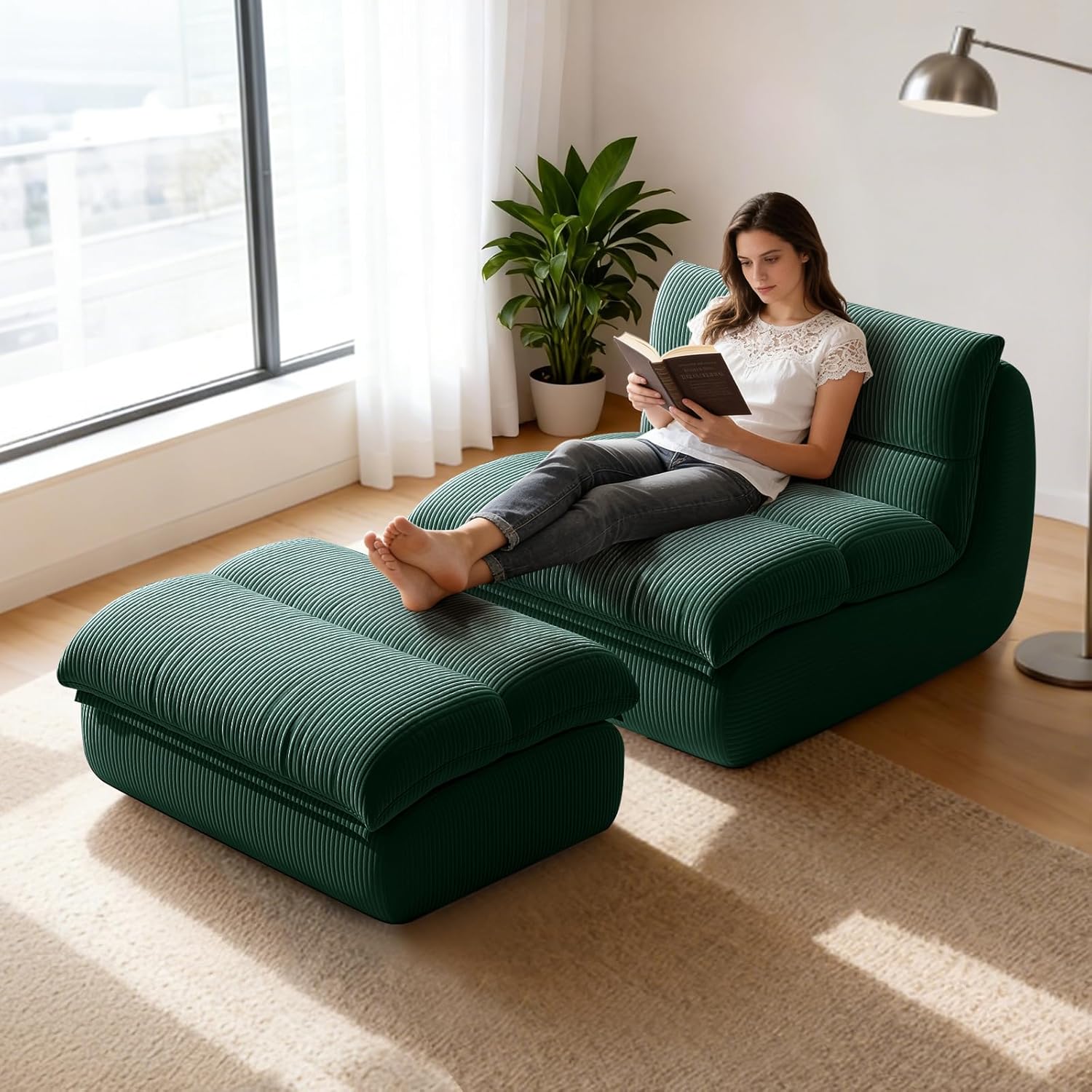 Boneless Chaise Lounge Chair Indoor, Adult Bean Bag Chair with Ottoman, Memory Foam Stuffed Lazy Sofa for for Living Room Bedroom Office Apartment, No Assembly,Green