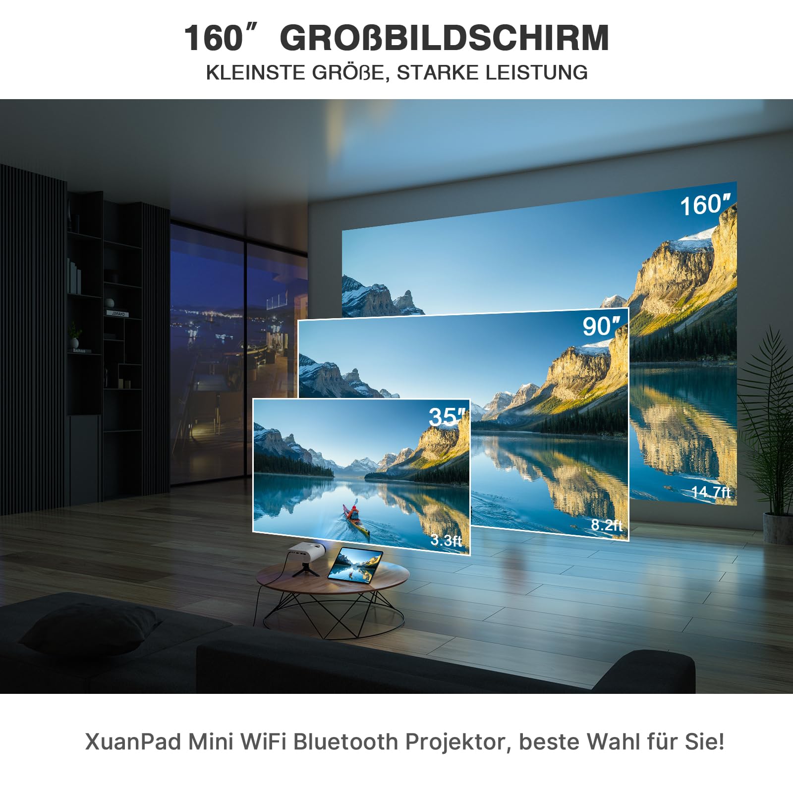 Mini Beamer WiFi Bluetooth, XuanPad 20000L Beamer Klein mit Stativ unterstützt Full HD 1080P, 50% Zoom, ±15° Trapezkorrektur, Mini Projektor Kompatibel mit HDMI, USB, AV, iOS, Android, PC, TV-Stick