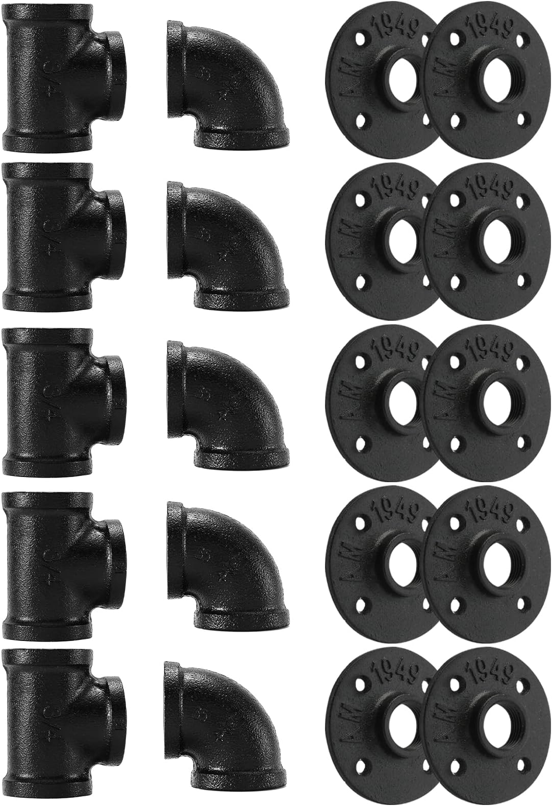 3/4" Black Pipe Fitting, Home TZH 20 Pack Floor Flange/Elbow/Tee Combo for Industrial vintage style, Flanges/Elbow/Tee with Threaded Hole for DIY Project/Furniture/Shelving(20, Black 3/4")
