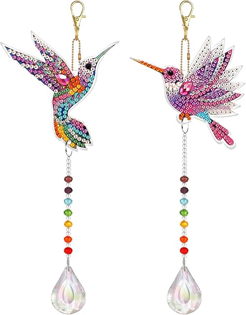 Yomaido DIY Diamond Painting Ornaments, 2 Pieces Crystal Art Kits for Kids Humming Bird, Double Sided Diamond Art Keyrings with Crystal Suncatcher Art Rainbow Maker Indoor for Home Garden Decoration