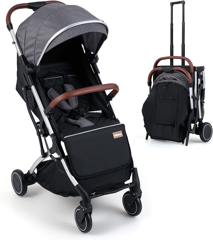 INFANS Travel Stroller, Lightweight Compact Baby Stroller for Airplane with One-Hand Fold, Multi-Position Recline, Canopy, 4 Wheel Suspension, Storage Basket (Grey+Silver)