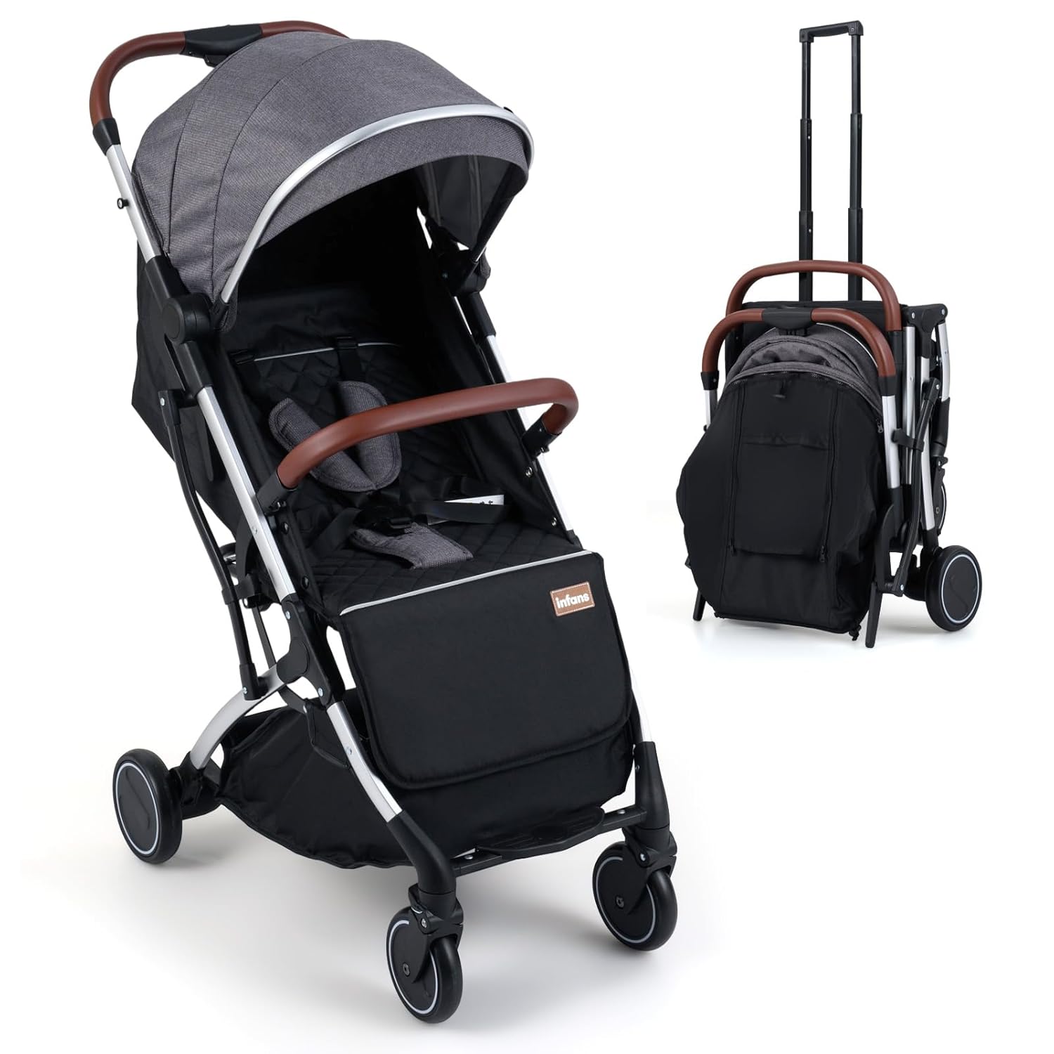 INFANS Travel Stroller, Lightweight Compact Baby Stroller for Airplane with One-Hand Fold, Multi-Position Recline, Canopy, 4 Wheel Suspension, Storage Basket (Grey+Silver)