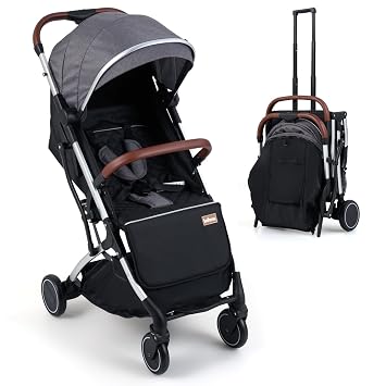 INFANS Travel Stroller, Lightweight Compact Baby Stroller for Airplane with One-Hand Fold, Multi-Position Recline, Canopy, 4 Wheel Suspension, Storage Basket Grey+Silver