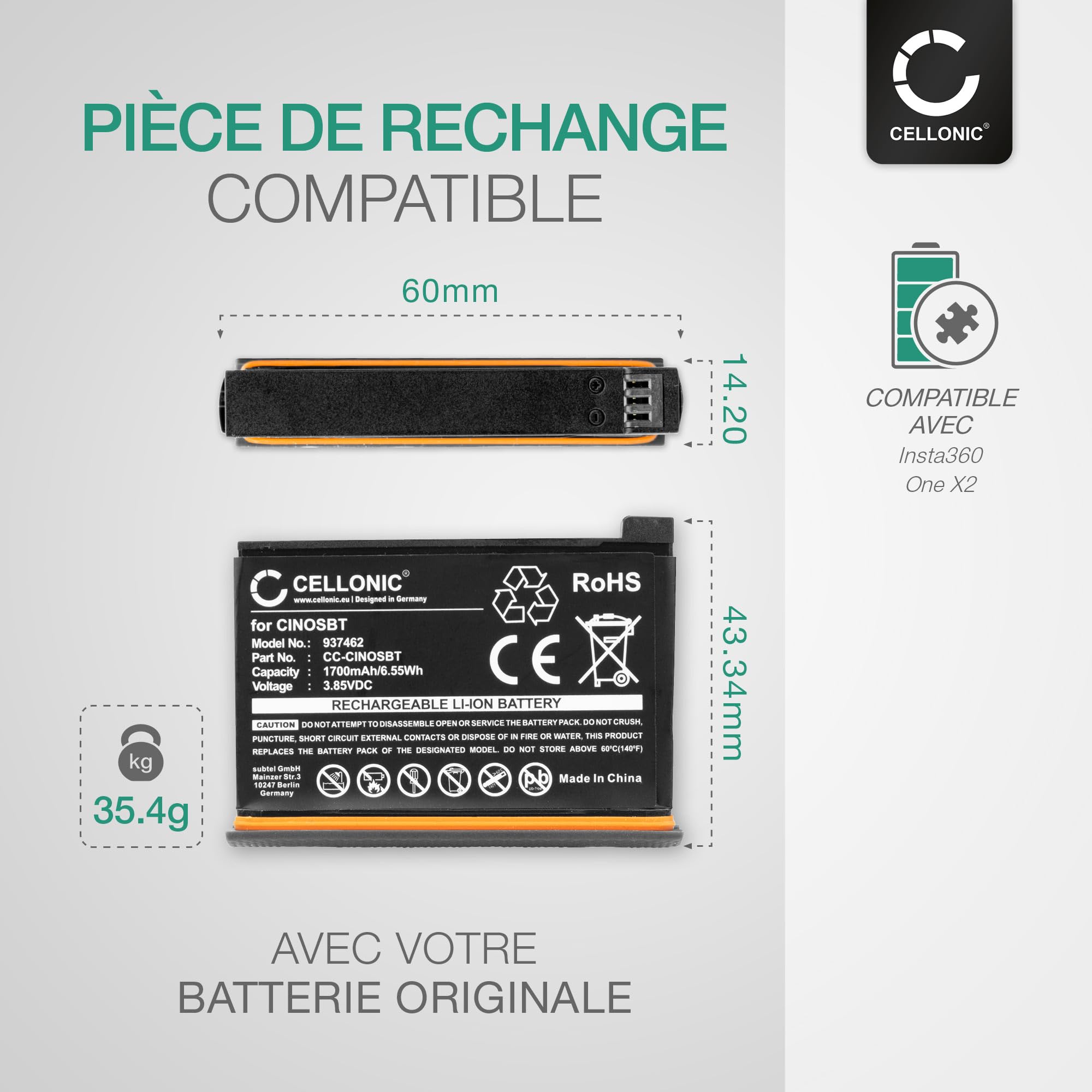 3 Batterie Compatibili Insta360 One X - CINOXBT/A - Ricaricabili Li-Ion 1150mAh 3,8V Per Action Cam