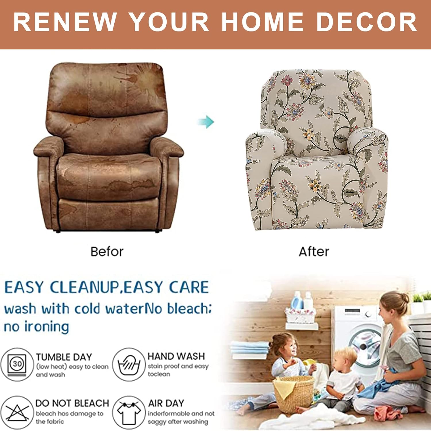 Eco-Ancheng Recliner Slipcovers 4-Pieces Recliner Chair Covers Lazy Boy Chair Covers Stretch Recliner Couch Covers Fitted Non Slip Reclining Slipcovers Furniture Protector for Recliner with Pocket