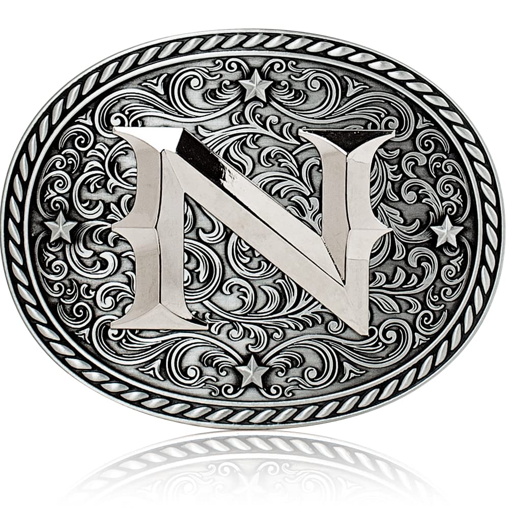 Itera Western Cowboy/Cowgirl Initial Belt Buckle - Large, Letter Buckles For Men And Women, N, Medium