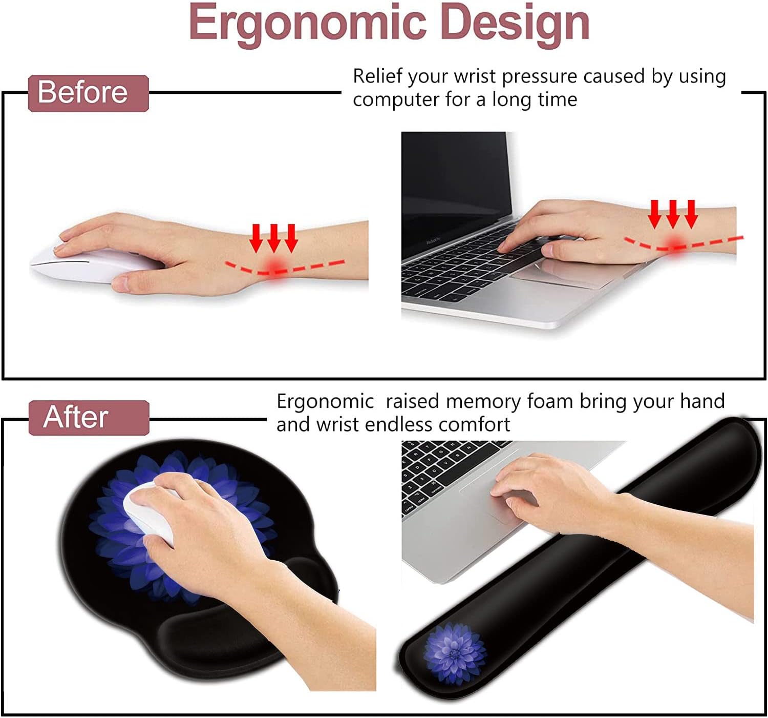 Computer Mouse Desk Pad and Keyboard Wrist Rest, Beautiful Office Accessories Desktop Decoration, Wireless Watercolor Purple Flowers Black MousePad for Women Typing Playing Games in The Office