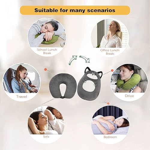Miniatura 6 de Almohada de viaje para niños, almohada de cuello deformable 2 en 1 para niños, almohada suave en forma de U con adorable diseño de animal, cómodo