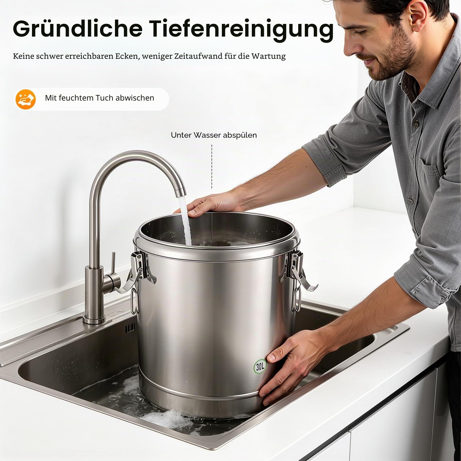 Transport Thermobehälter für Essen, 10/20/30L Gastro Warmhaltebehälter Isolierter Edelstahl Thermobox Hält Essen 12h Kalt & Warm, Versiegelter Eimer mit Deckel für Nudeln, Suppe (34.5x34.5x38.5cm 30L)