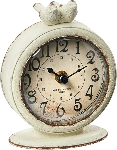 Creative Co Op Vintage Pewter Mantel Clock photo Creative Co-Op Vintage Pewter Mantel Clock with Birds, Distressed Cream
