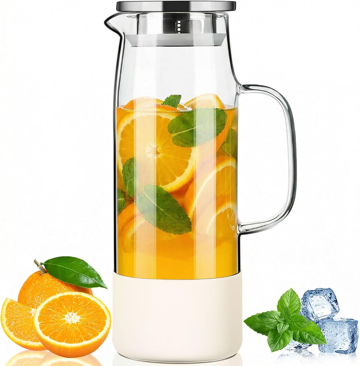 Glass Pitcher with Lid and Handle, 50 fl oz Glass Carafe | Borosilicate glass carafe with lid and silicone base stores tea in fridge; dual openings strain fruit and ice.