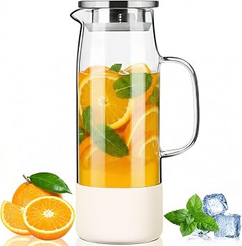 Baalaka Glass Pitcher with Lid and Handle 50oz/ 1.5L, Hot& Cold Glass Water Pitcher with Silicone Base, Glass Carafe with Lid for Coffee, Juice, Lemonade and Milk White