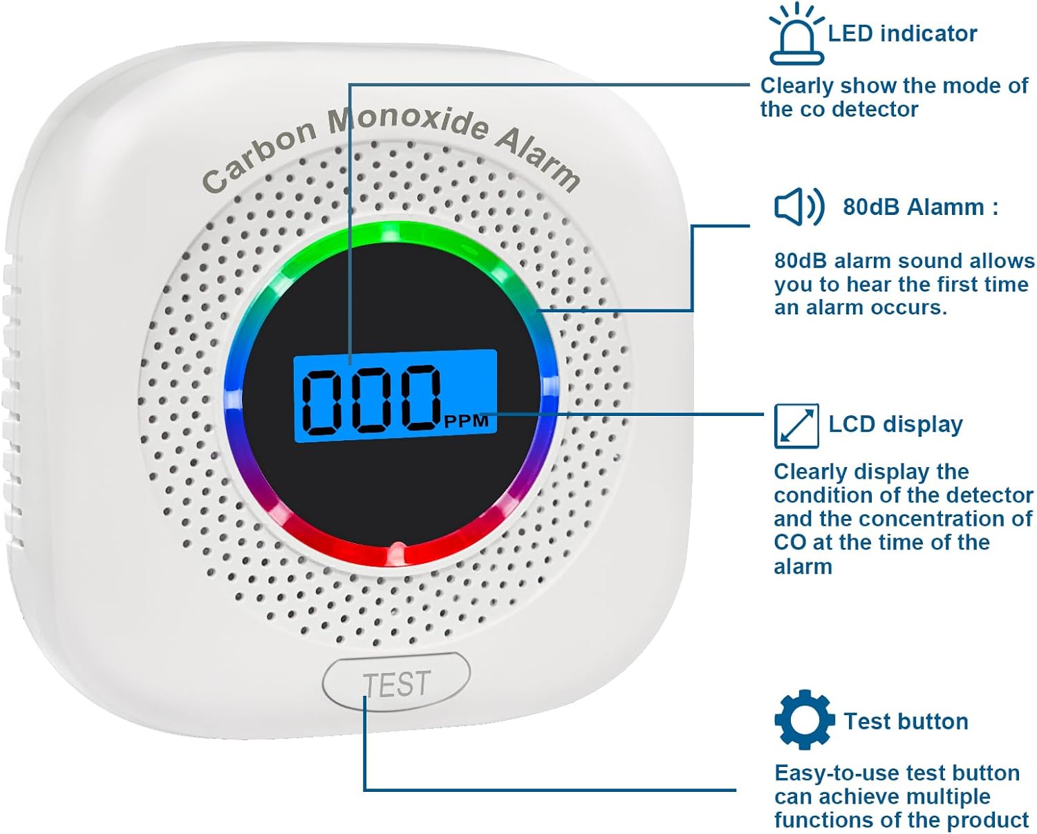 Carbon Monoxide Detectors, Portable CO Alarm Detector with LCD Display and Sound Warning, Replaceable Battery Powered for Home, Travel - Image 2
