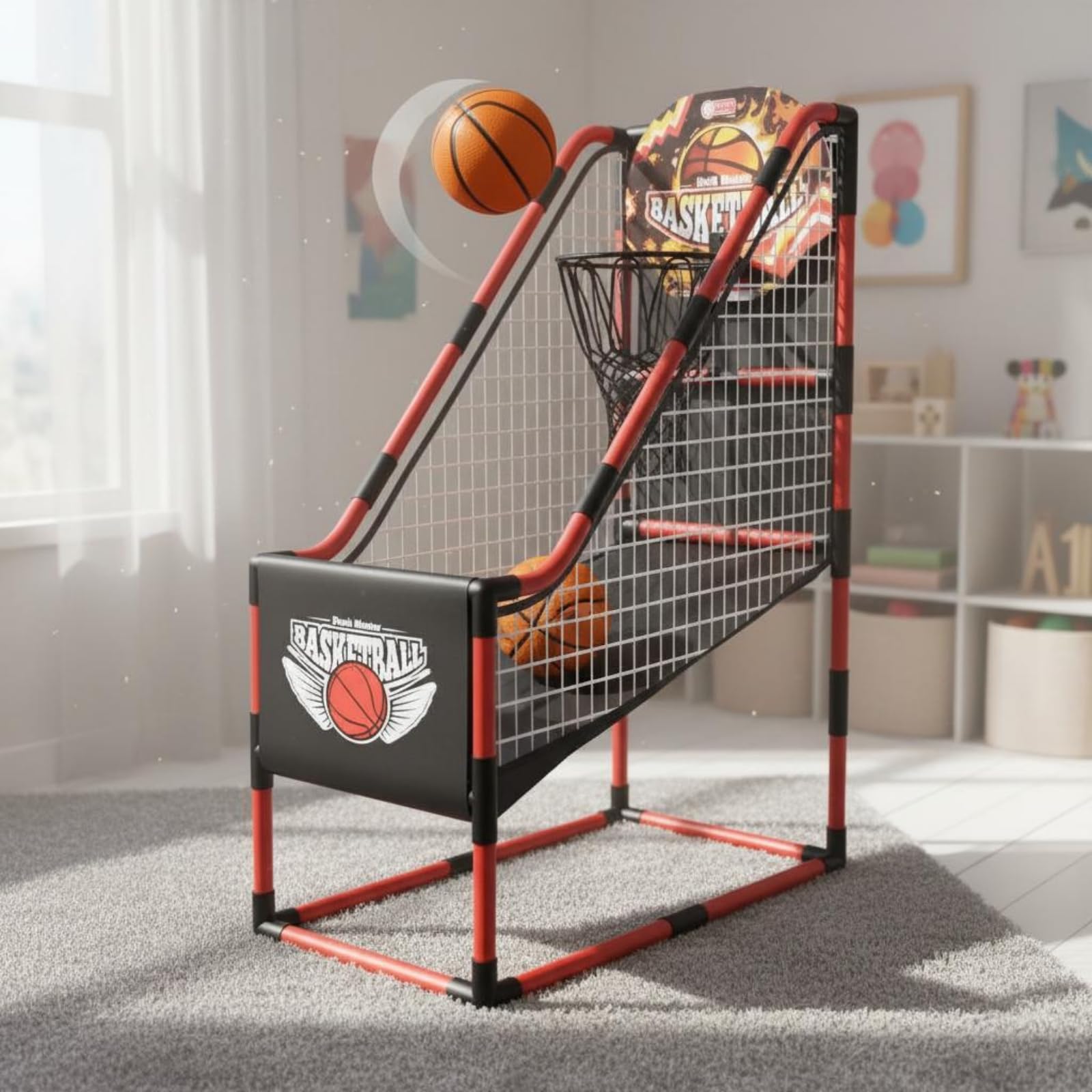 Gralara Canestro da Basket Bambini Set Gioco Basket Mini Canestro Cornice Autoportante Due Borsa a Rete Organizzazione in Plastica per Gioco Attivo Famiglia