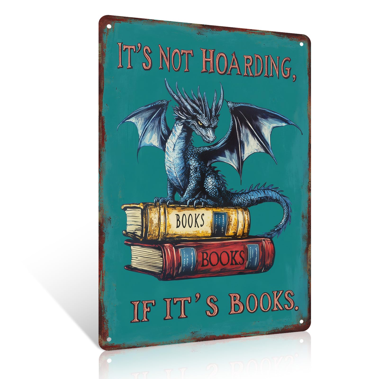 Ulord Dragon It's Not Hoarding If It's Books Dragon Metal Signs 8X12 Inch Funny Reading Wall Art Decor