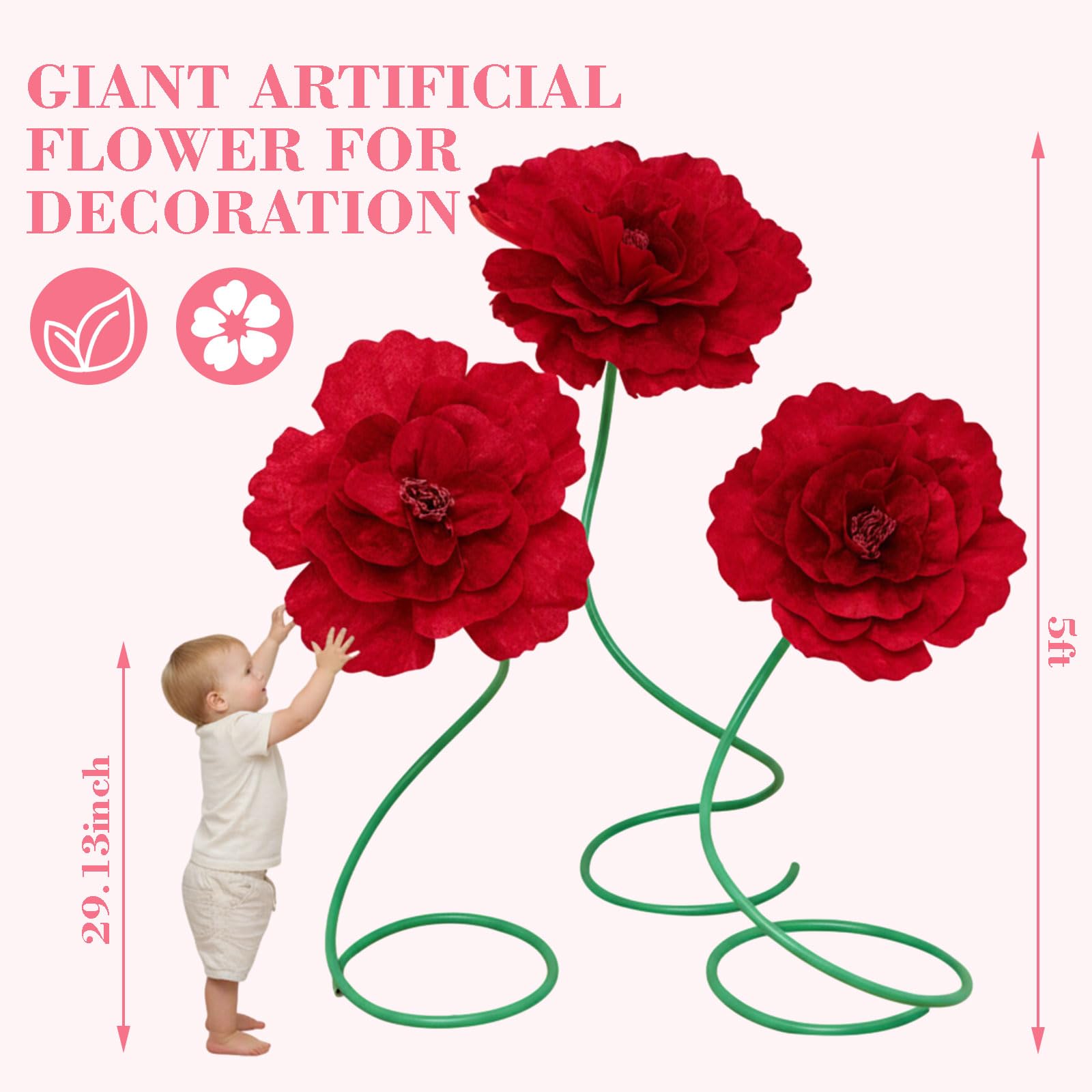3 Piezas Flores Rosas Grandes de 1.5 metros, Rosas Artificiales Gigantes de San Valentín de Pie, Enormes Flores Artesanales para Ventana, Recepción, Banquete, Ceremonia, Decoración Floral