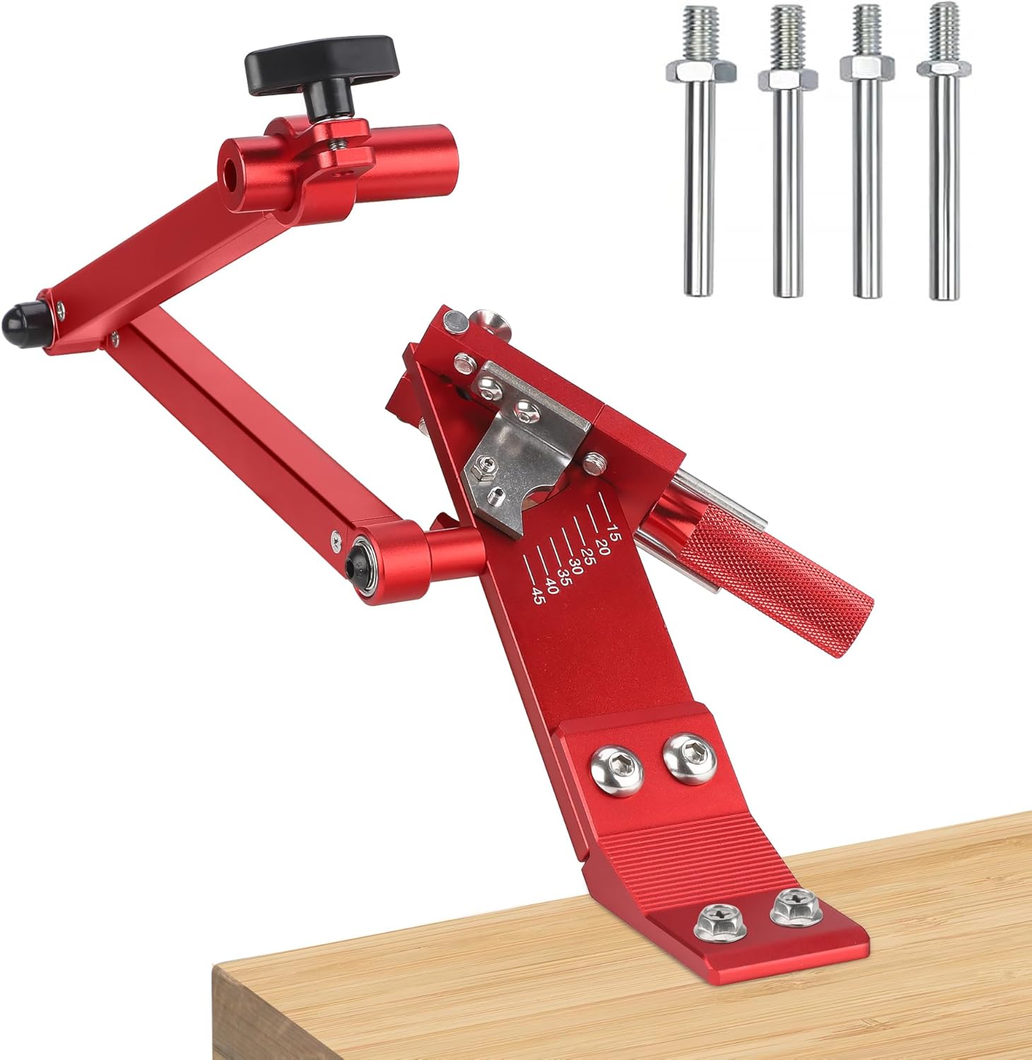 Lawn Mower Blade Sharpener 15°-45° Adjustable Mower Blade Sharpening Tool with Ball Bearing Manufacture Handle Compatible with Angle Grinder, Red