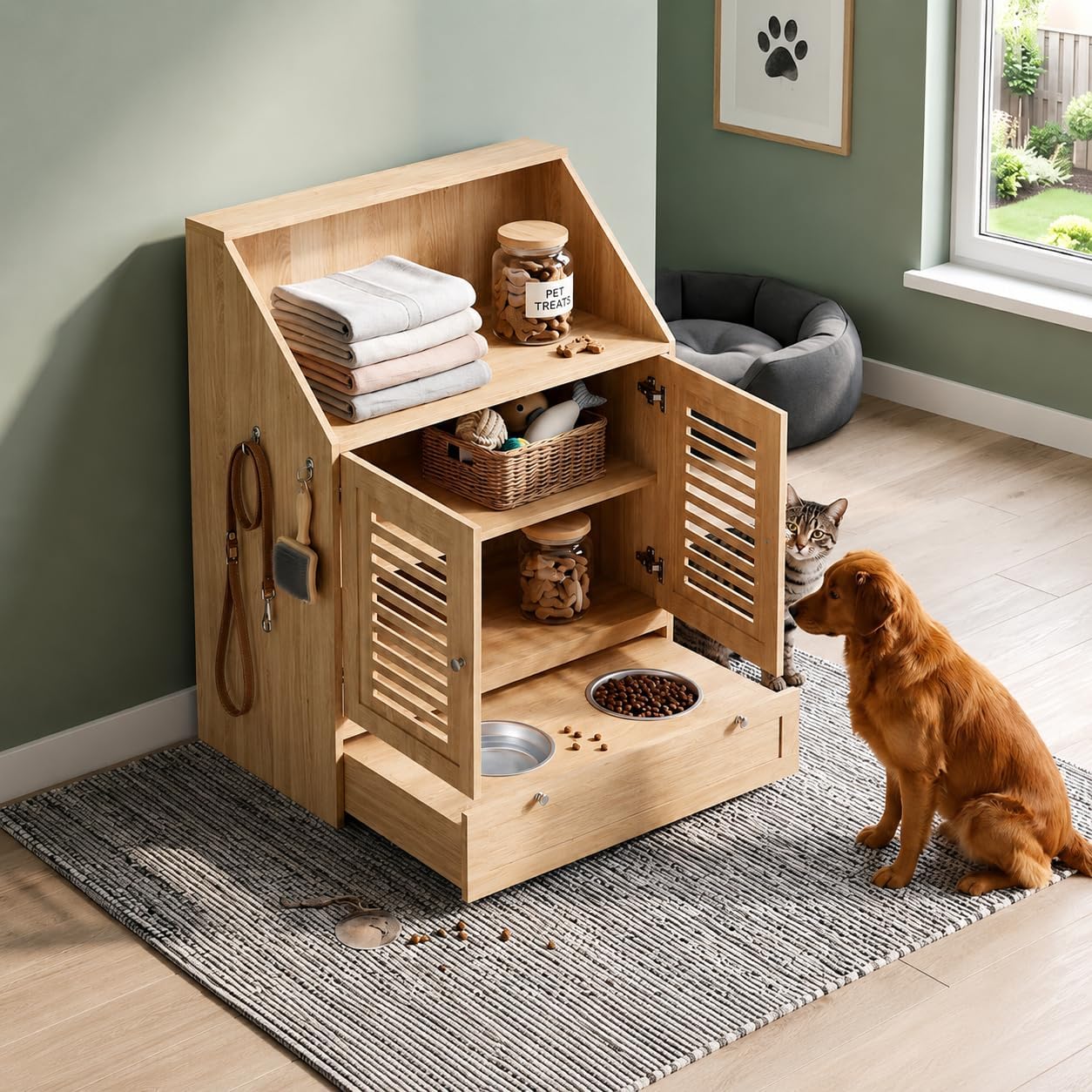 Garvee Dog Feeding Station with Storage & 2 Elevated Bowls, Natural
