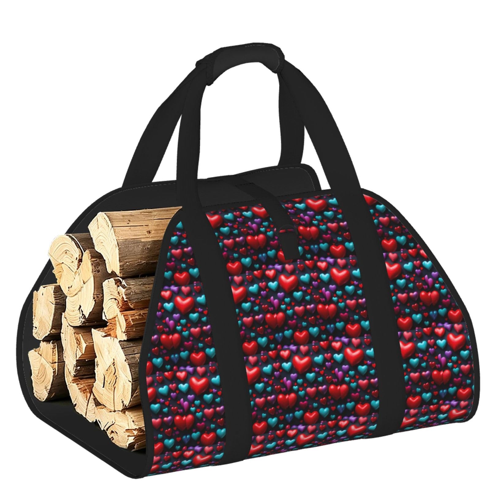 Ayyqwe Black Romantic Red Heart Print Firewood Bag Wood Waterproof Versatile Camping Picnic Storage Daily Home
