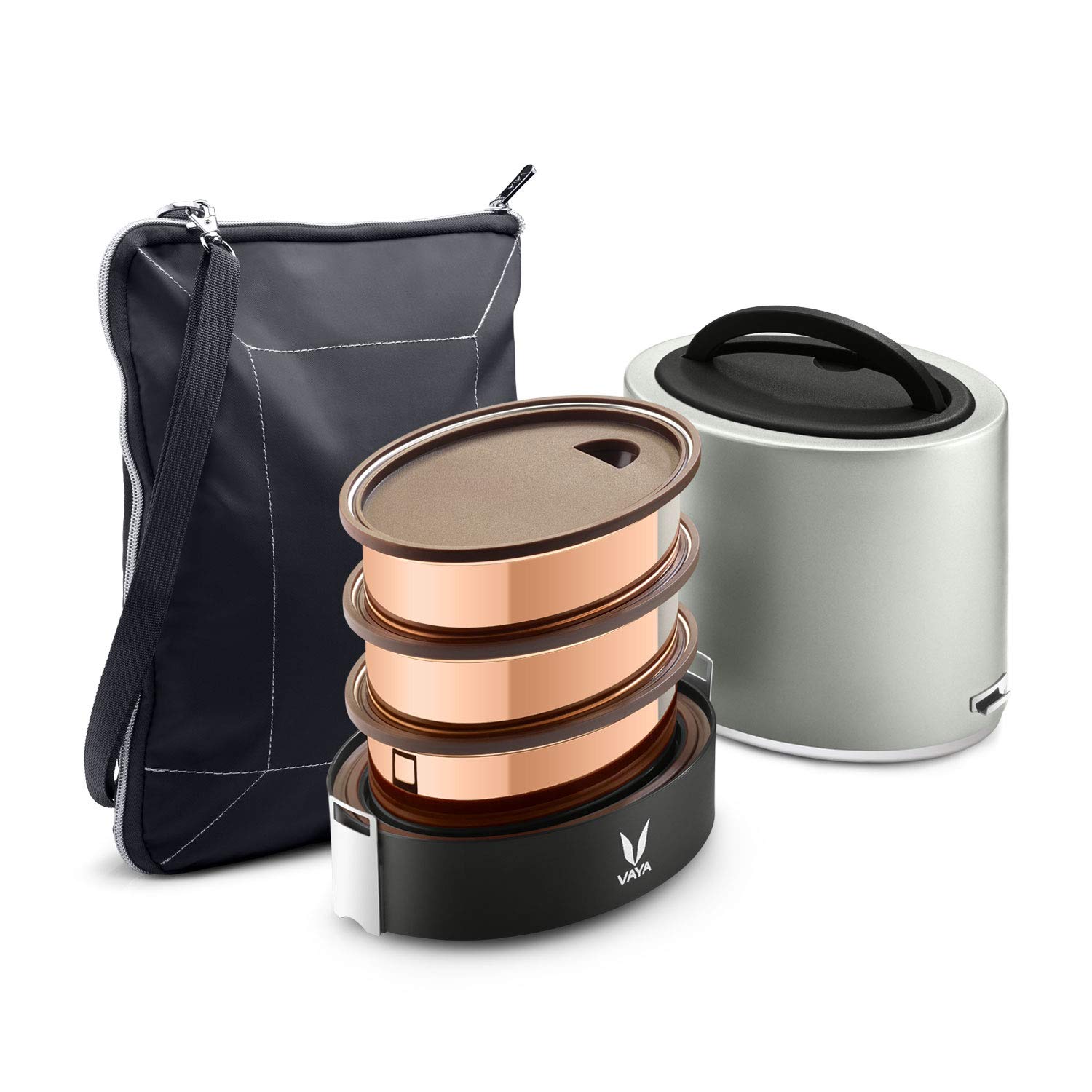 Vaya Tyffyn Copper-Finished Stainless Steel Lunch Box with Bagmat, 1000 ml, 3 Containers, Silver