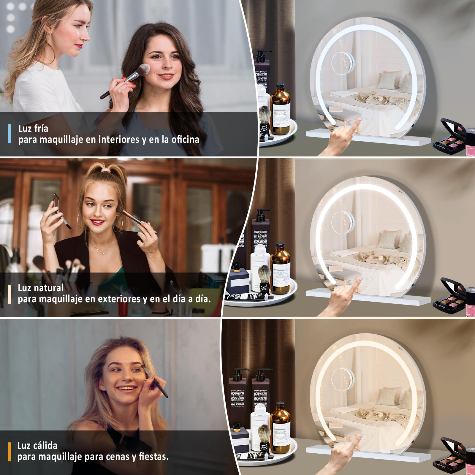 YU YUSING Hollywood Espejo Maquillaje con Luz, 50x48cm, 3 Modos Iluminación Regulables, Espejo Tocador Rondo, Espejos de Mesa, USB, 10x, Vanity Mirror Tocador Dormitorio, Controles Táctiles, Blanco