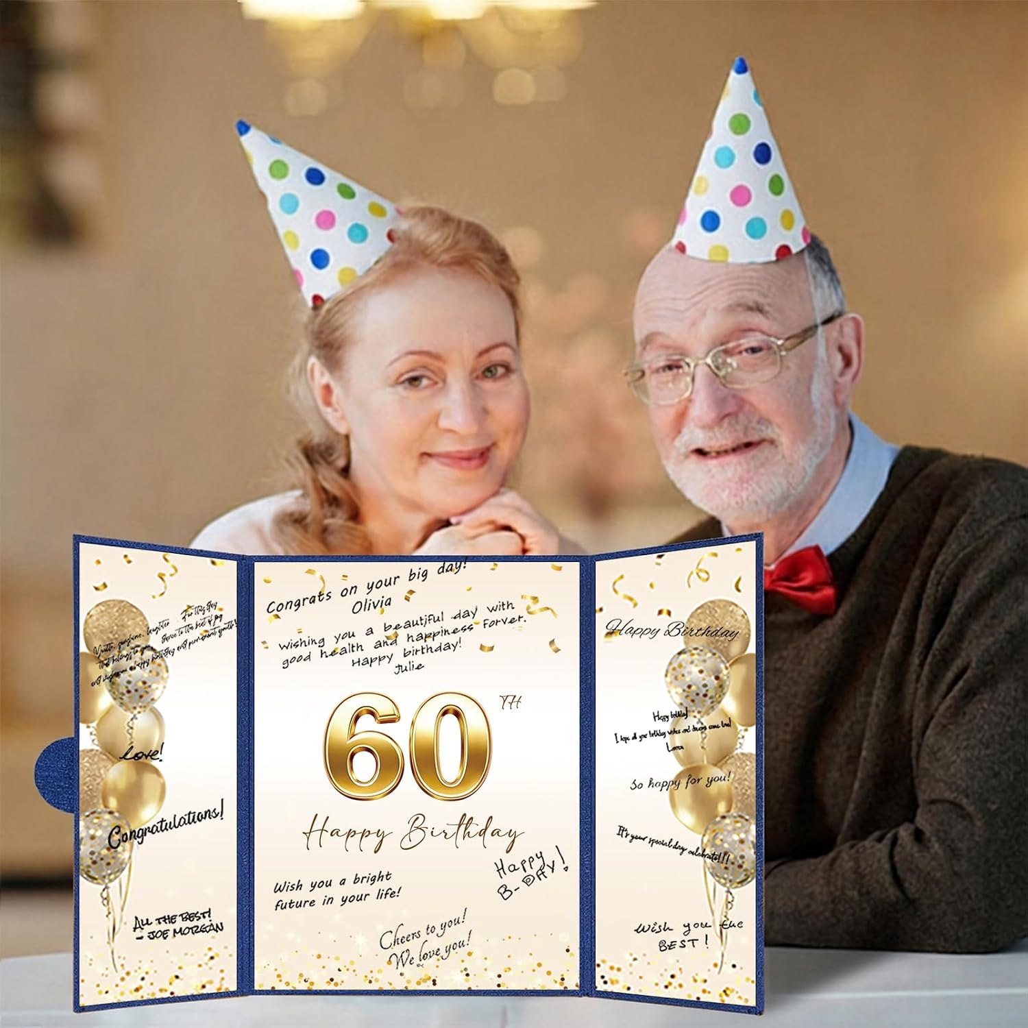Blue Gold 60th Birthday Signature Guest Book 12" x 18" Decor for Men Women