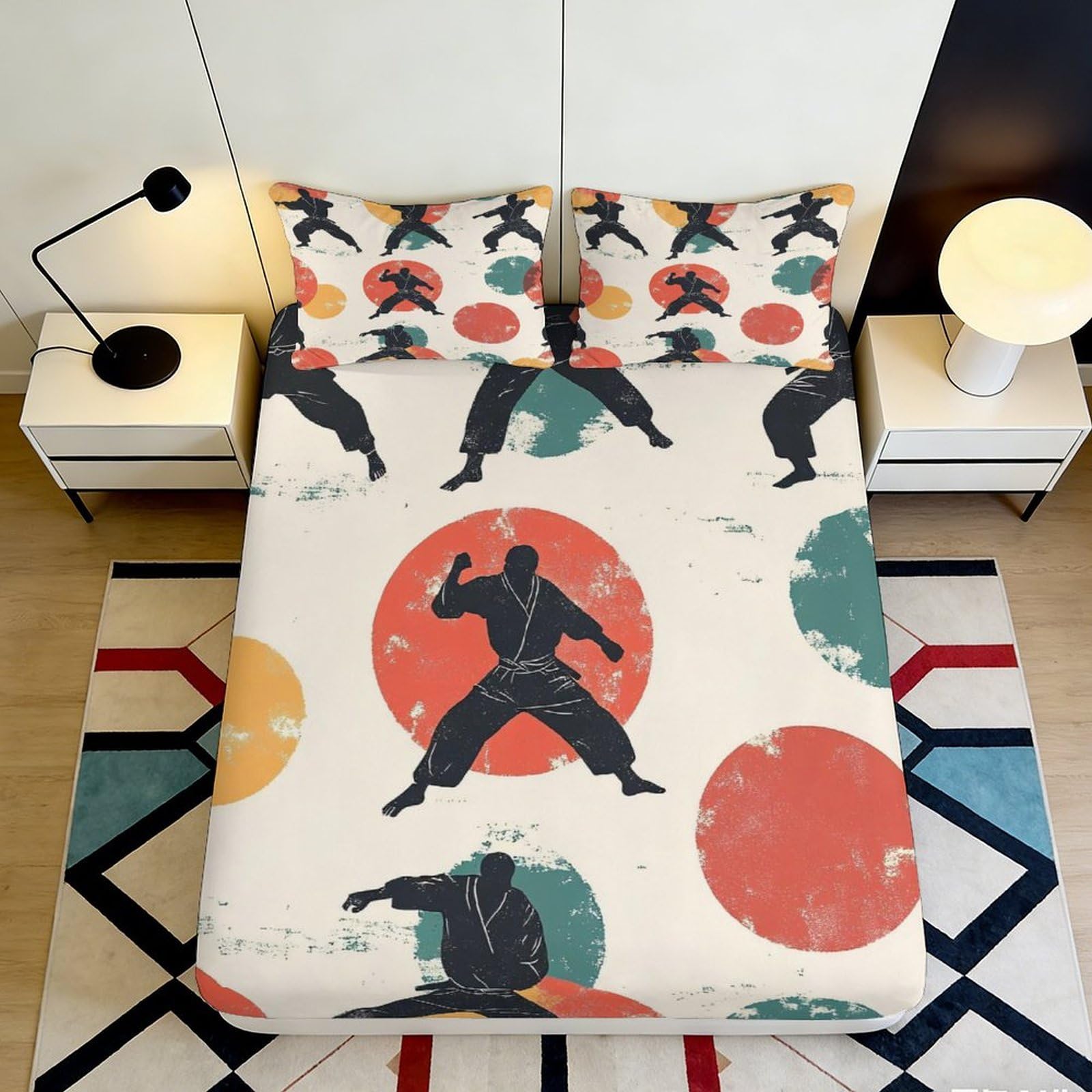 3D Printed Karate Silhouette Fitted Sheet Microfiber Soft Non-slip Martial Arts Bed Cover for Bedroom Guest Room 90x200x25cm