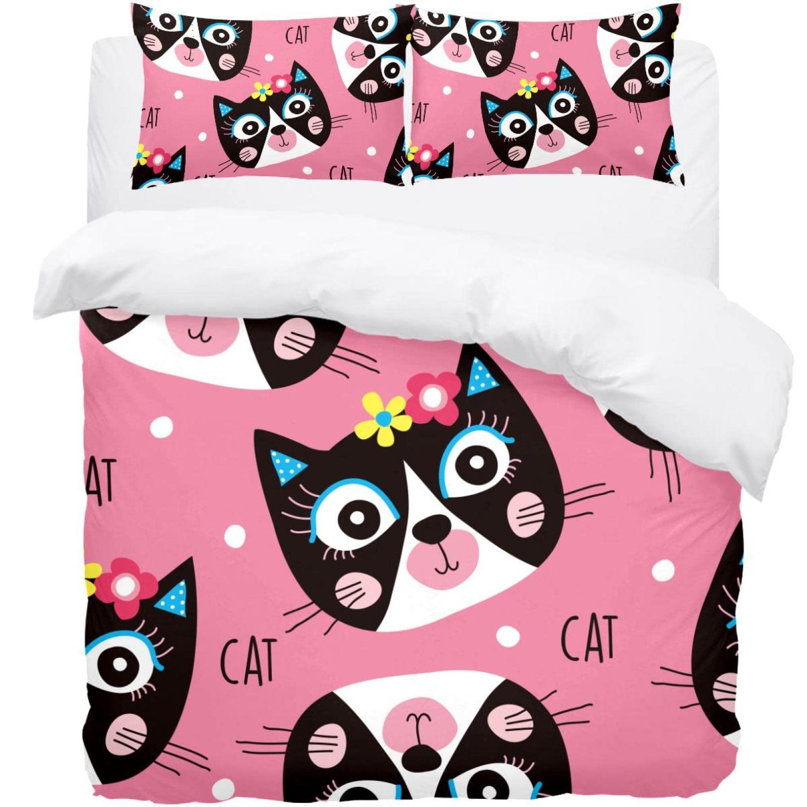 Parure de lit housse de couette chat et fleurs pour lit double et King size