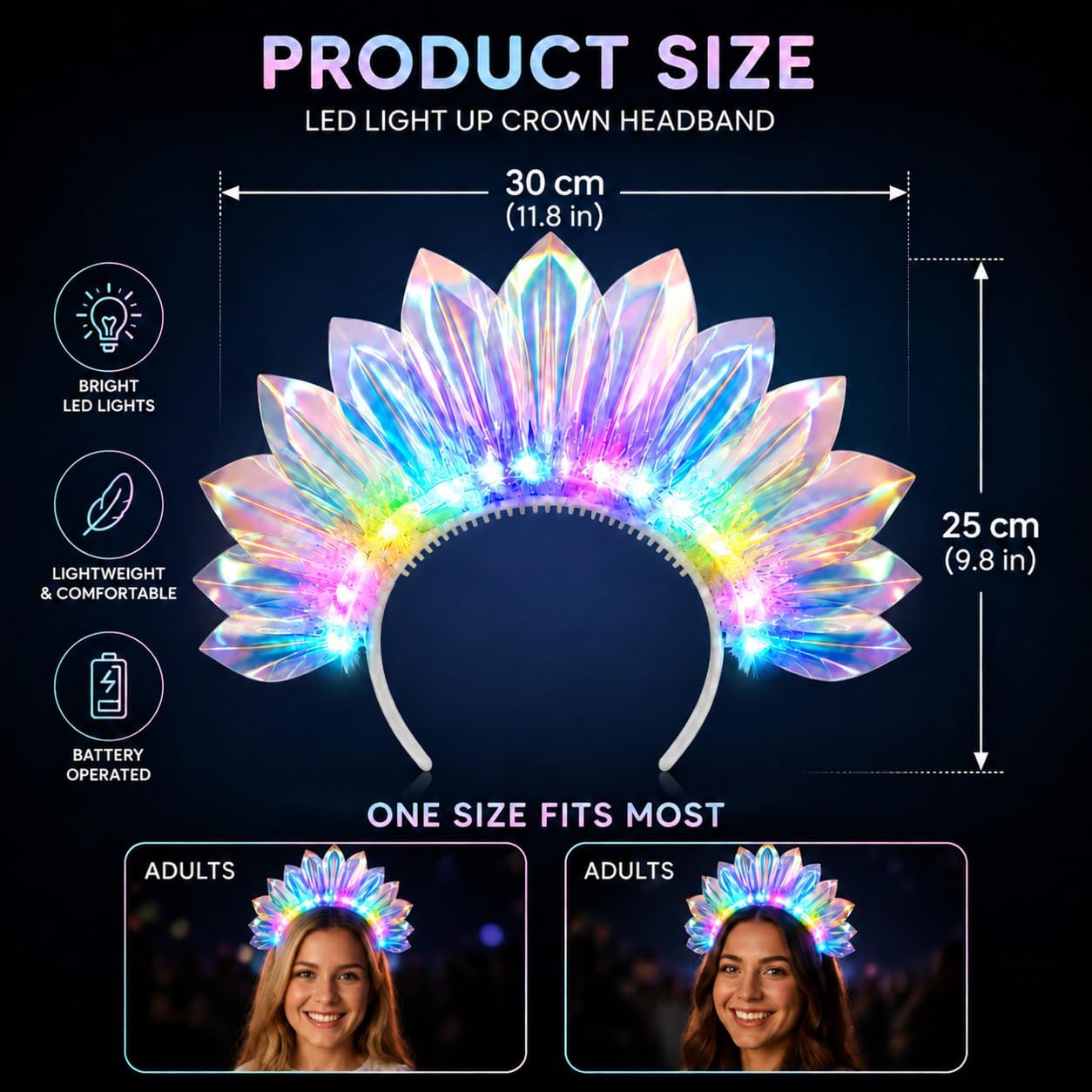 2PCS LED Light Up Headband Crown Set for Women Adults, 3 Modes