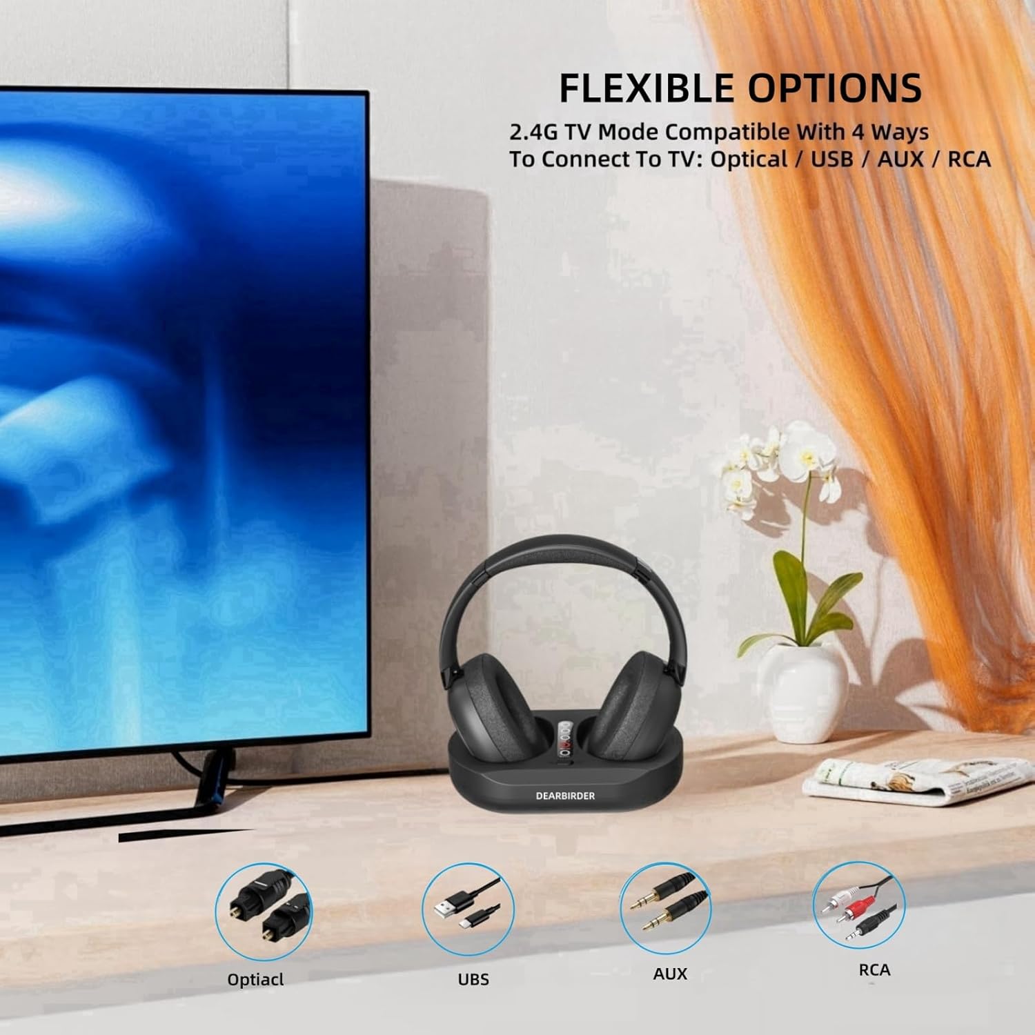 Wireless TV Headphones with Dual Mode 2.4G RF and Bluetooth 5.3, Wireless Over Ear Headphone for TV Watching with Transmitter Base, No Audio Delay, Volume Enhancement Plug and Play for Seniors, Black - Image 8