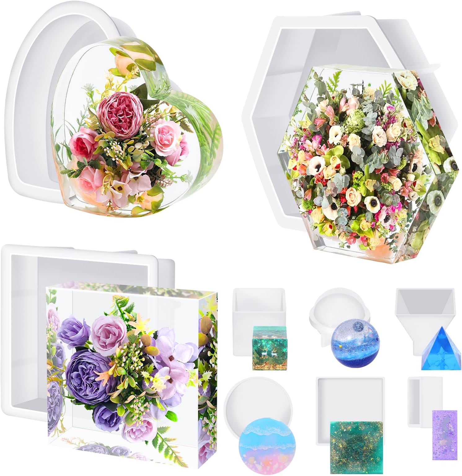 KISREL Large Resin Molds, 3 PCS Silicone Molds Kit, Including Large Hexagonal & Square Heart Shapes, Epoxy Resin Molds for Flower Preservation