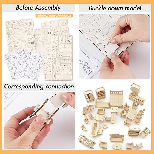 Miniatura 3 de LOVEINUSA Conjunto de muebles de casa de muñecas de madera, accesorios de habitación en miniatura del rompecabezas 3D, madera natural