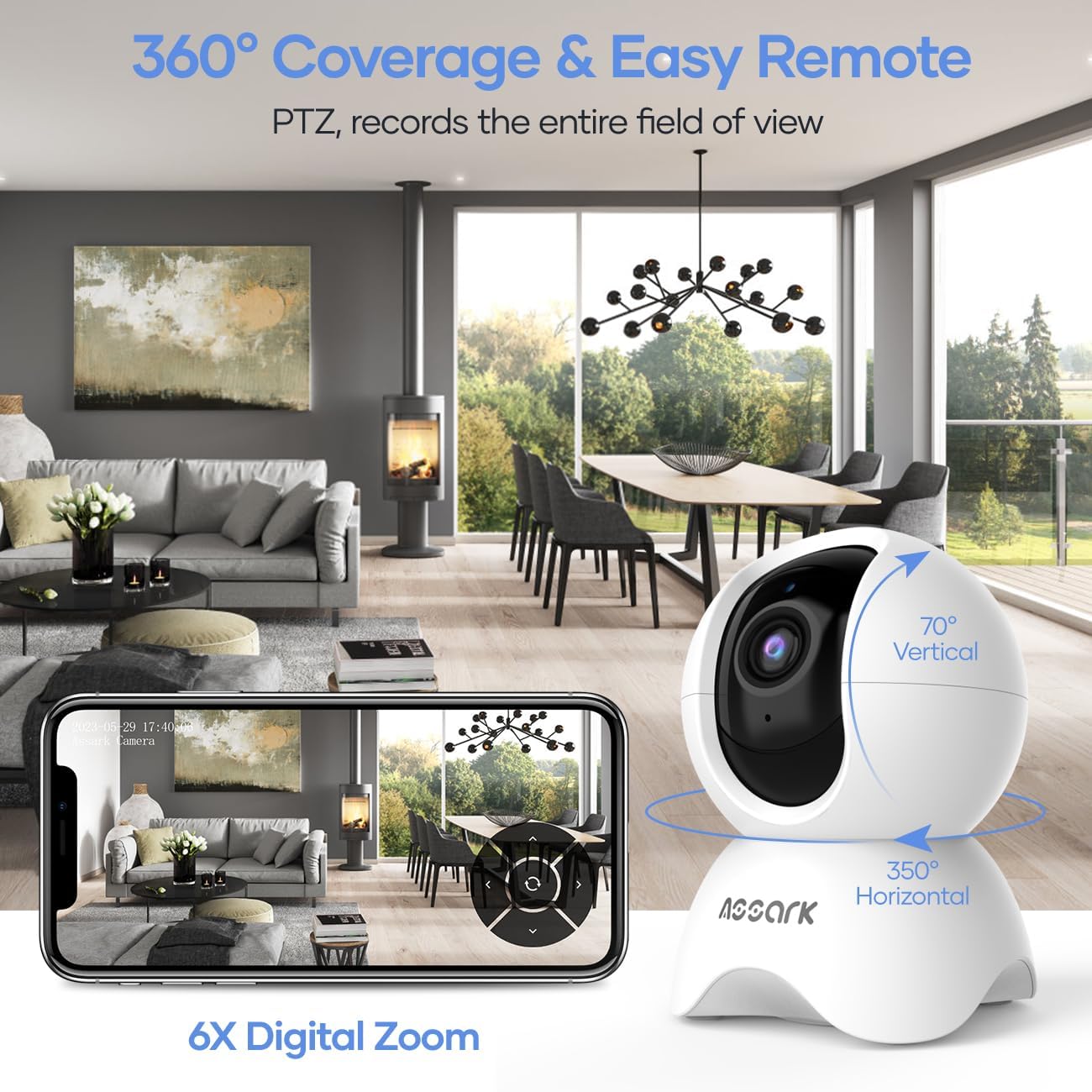 Assark camera showing 360-degree coverage and remote pan/tilt control via smartphone app.