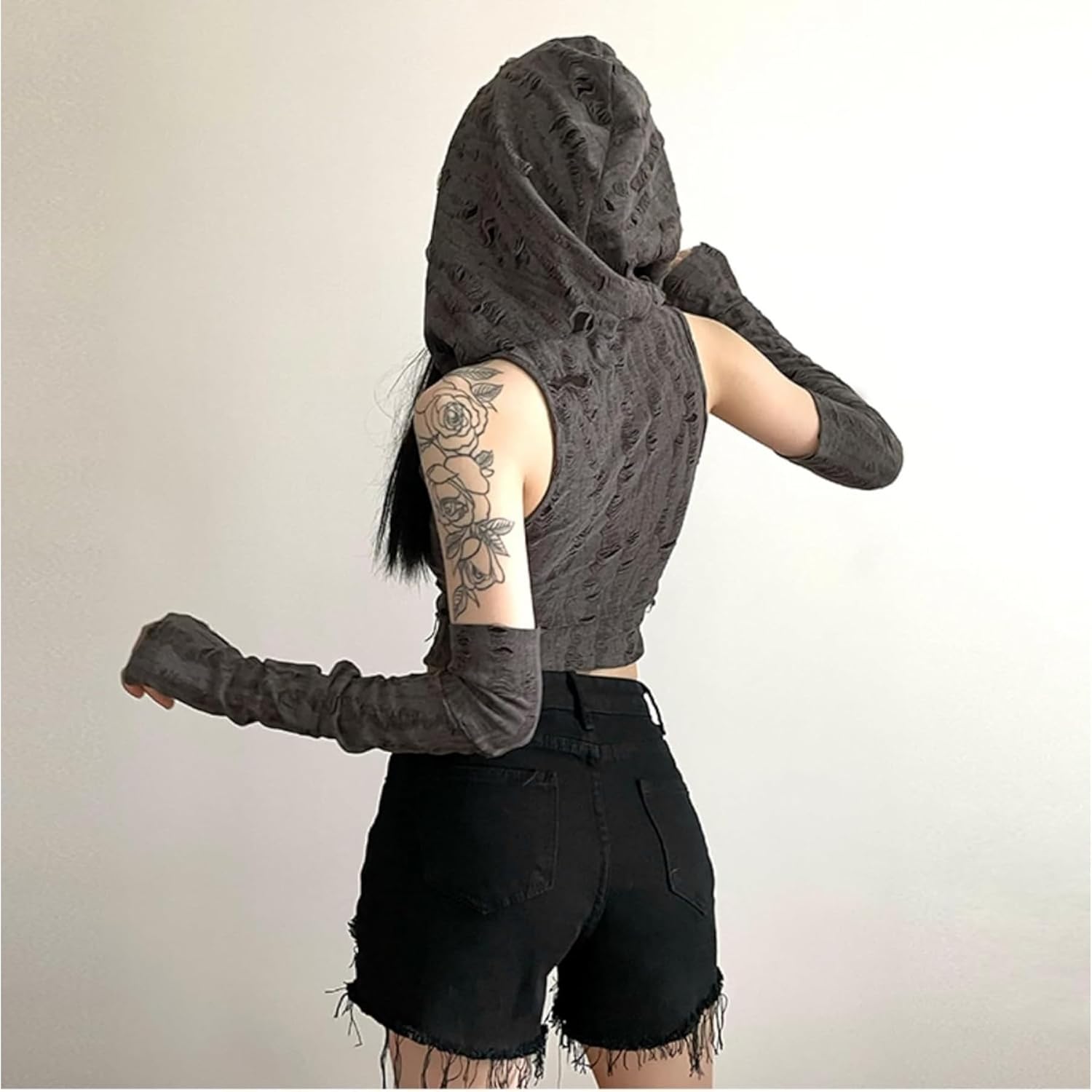 Hooded Crop Grunge Off Shoulder Slim Fit Long Sleeve Thumb Hole Soft Knit Streetwear Y2K Tee Top - Image 5