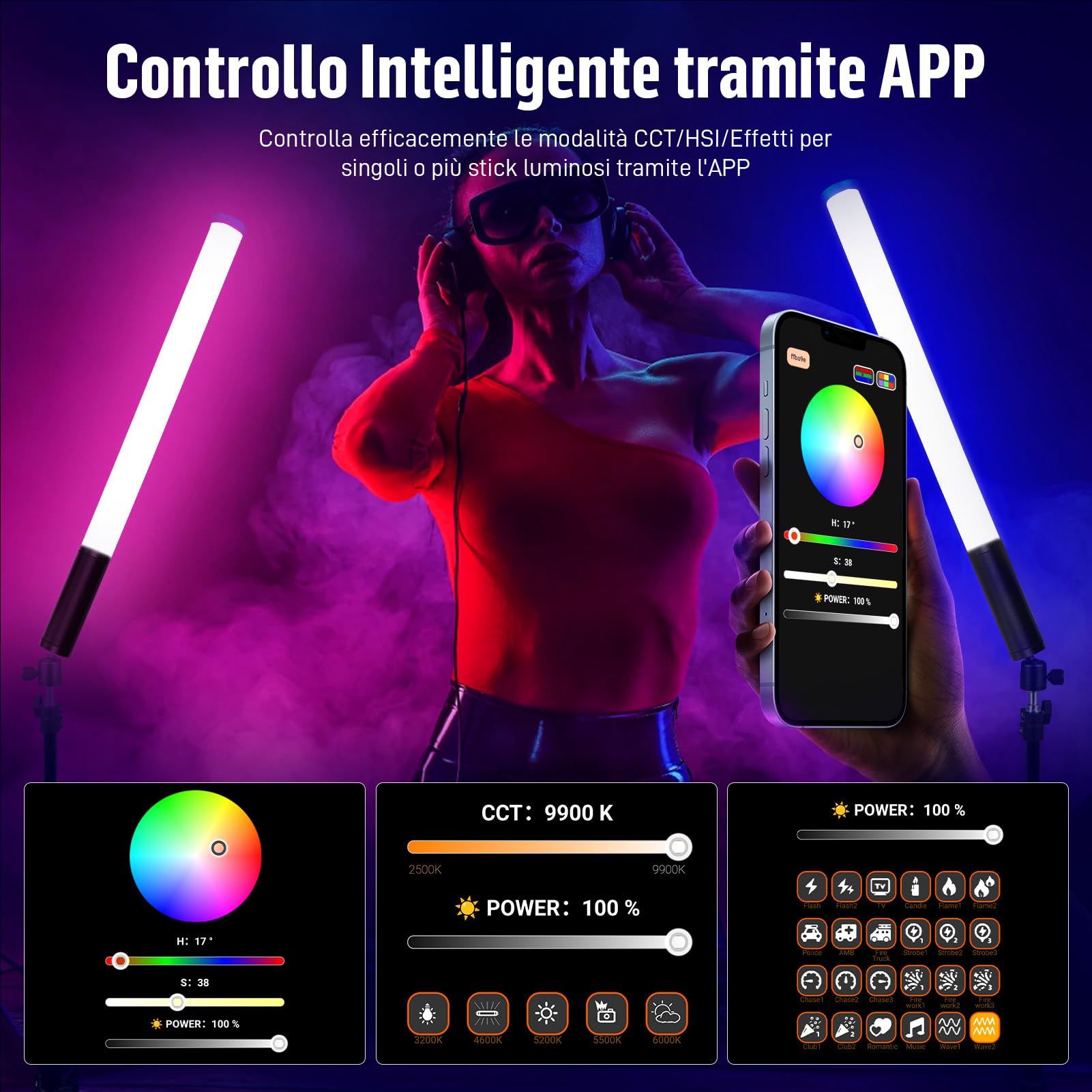 Luce Video RGB LED Tubo, Barra Luminosa LED Portatile per Fotografia Video YouTube TikTok Vlog con 2600mAh Ricaricabile, Luminosità Regolabile 2500K-9900K Dimmerabile 360° Colori 24 Scena