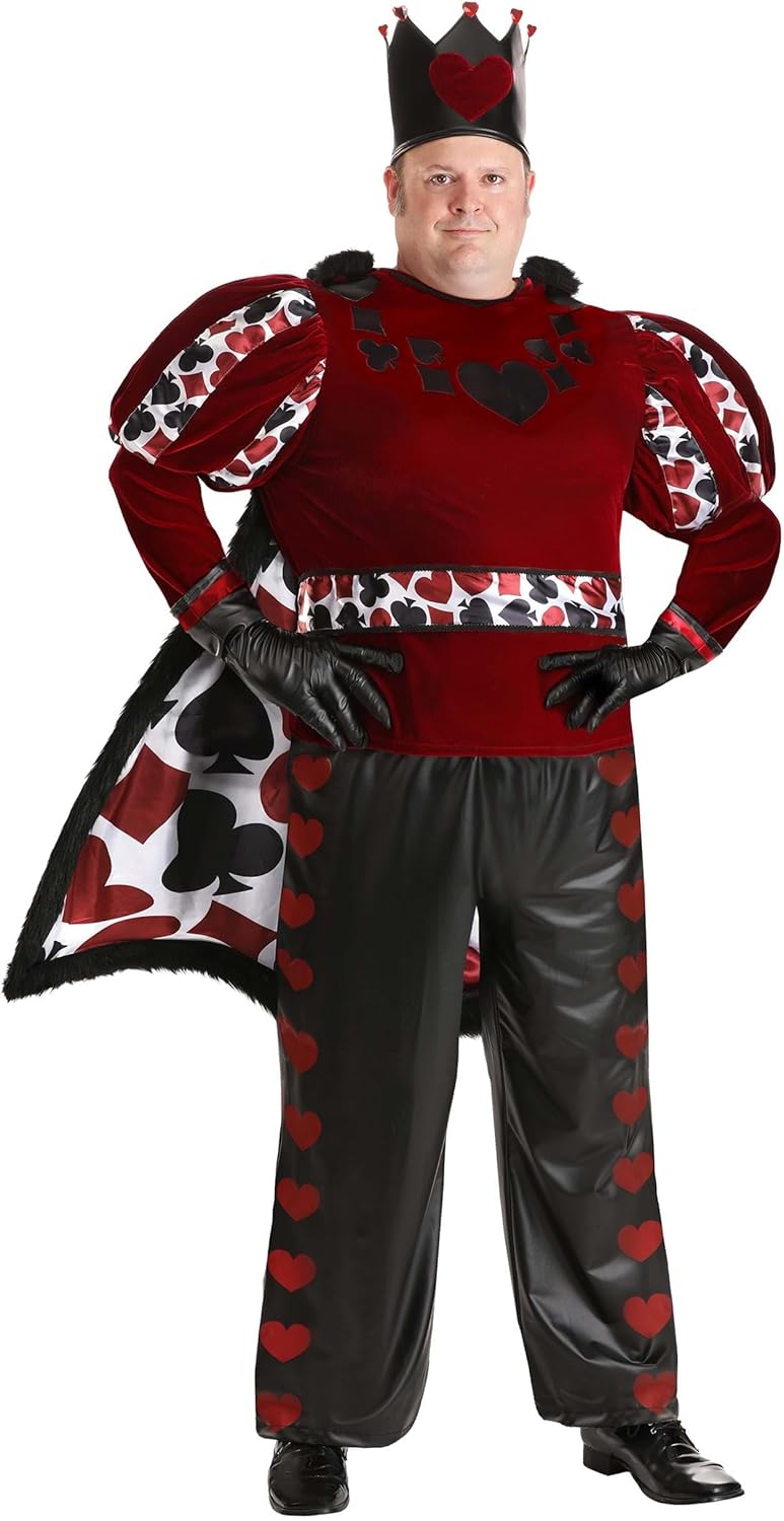 Men's Plus Size King Of Hearts Costume | Adult Halloween Wonderland Tunic, Pants, Cape, Belt, Gloves, Crown