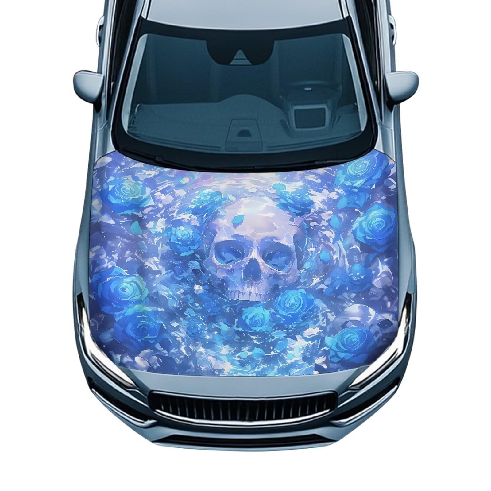 Blue Rose Skull Car Hood Cover, Car Bonnet Banner, Universal Fit