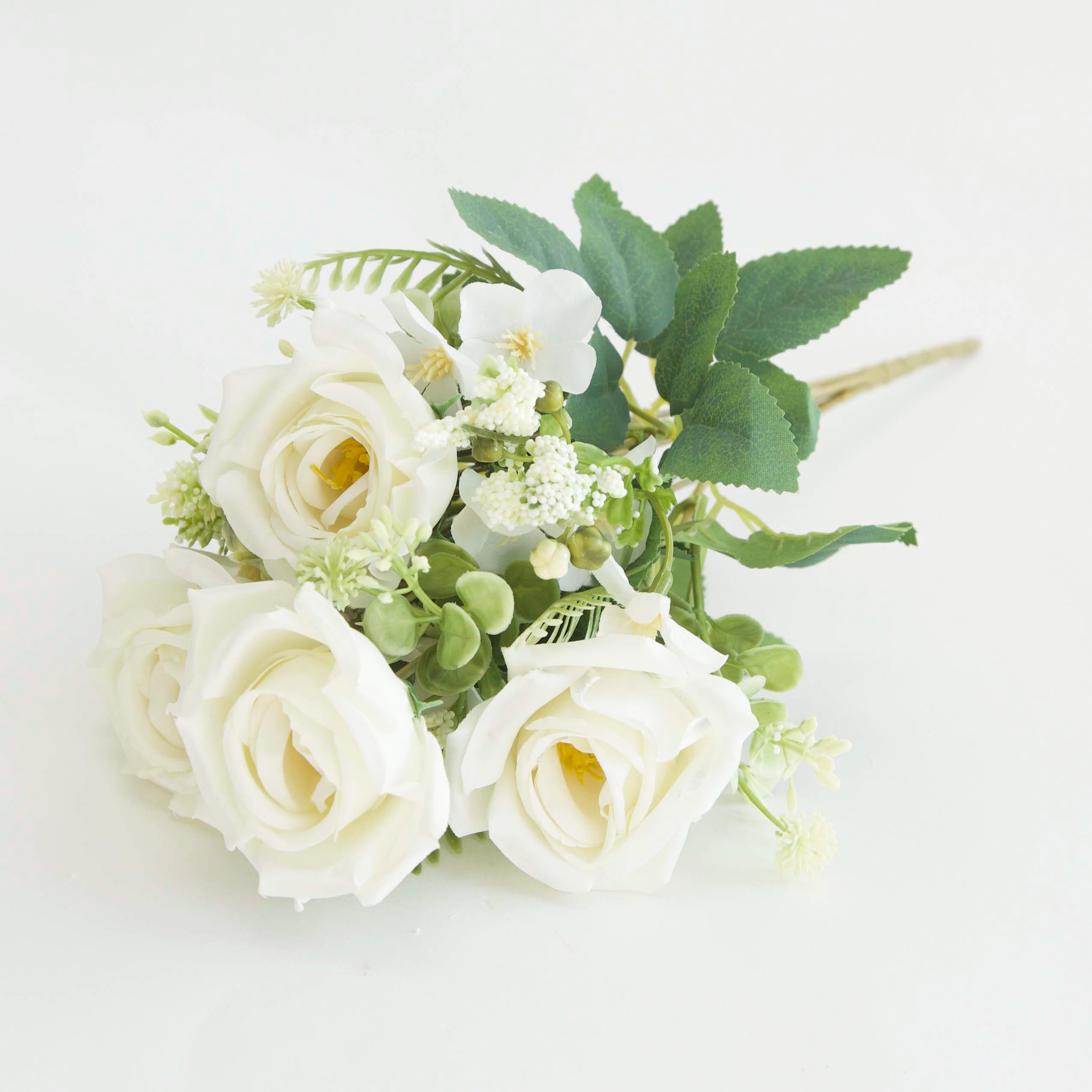Decor Essentials Small Artificial Rose Bush Bouquet, 7 Rose Stems, 39cm Tall (Ivory)