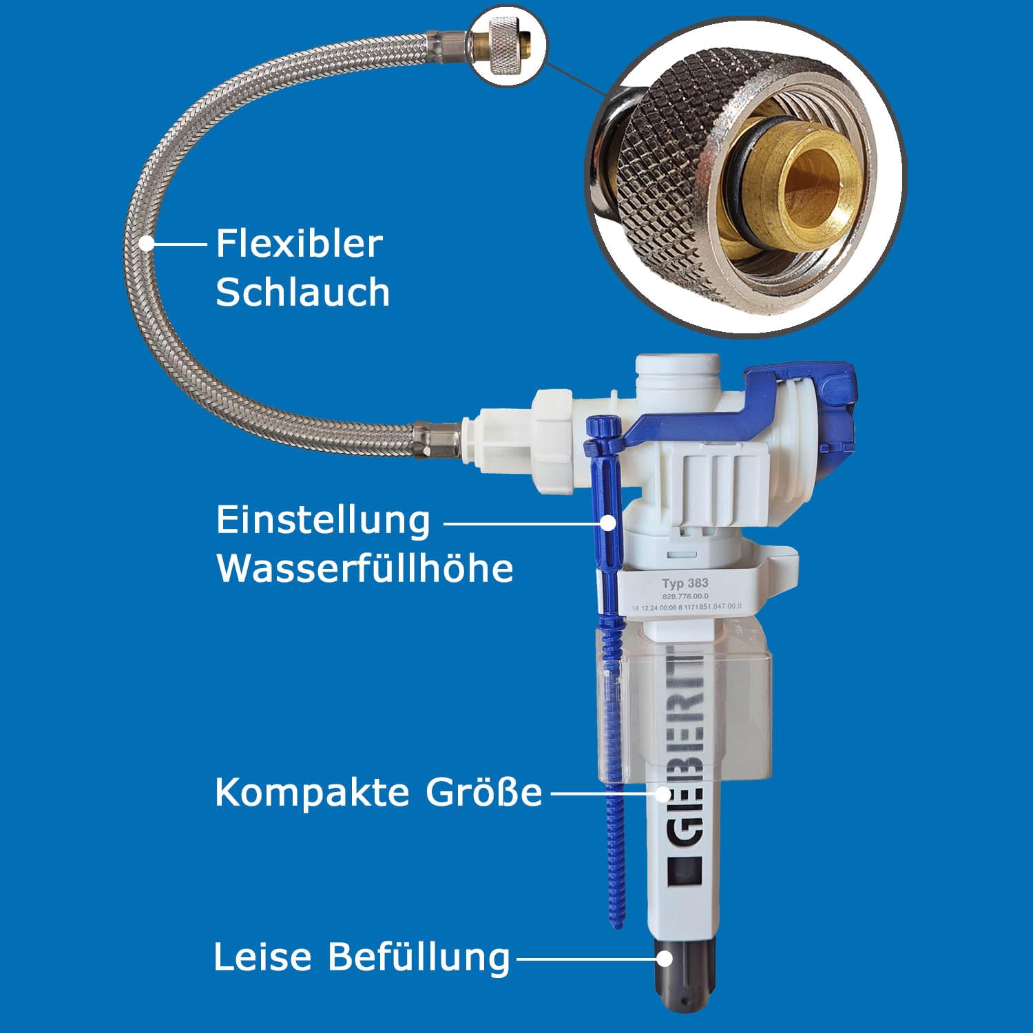 Füllventil 383 inkl. Flexschlauch für Geberit UP-Spülkasten UP100, UP100Y, UP300, UP300Y, UP320, UP320Y, Delta und Sigma