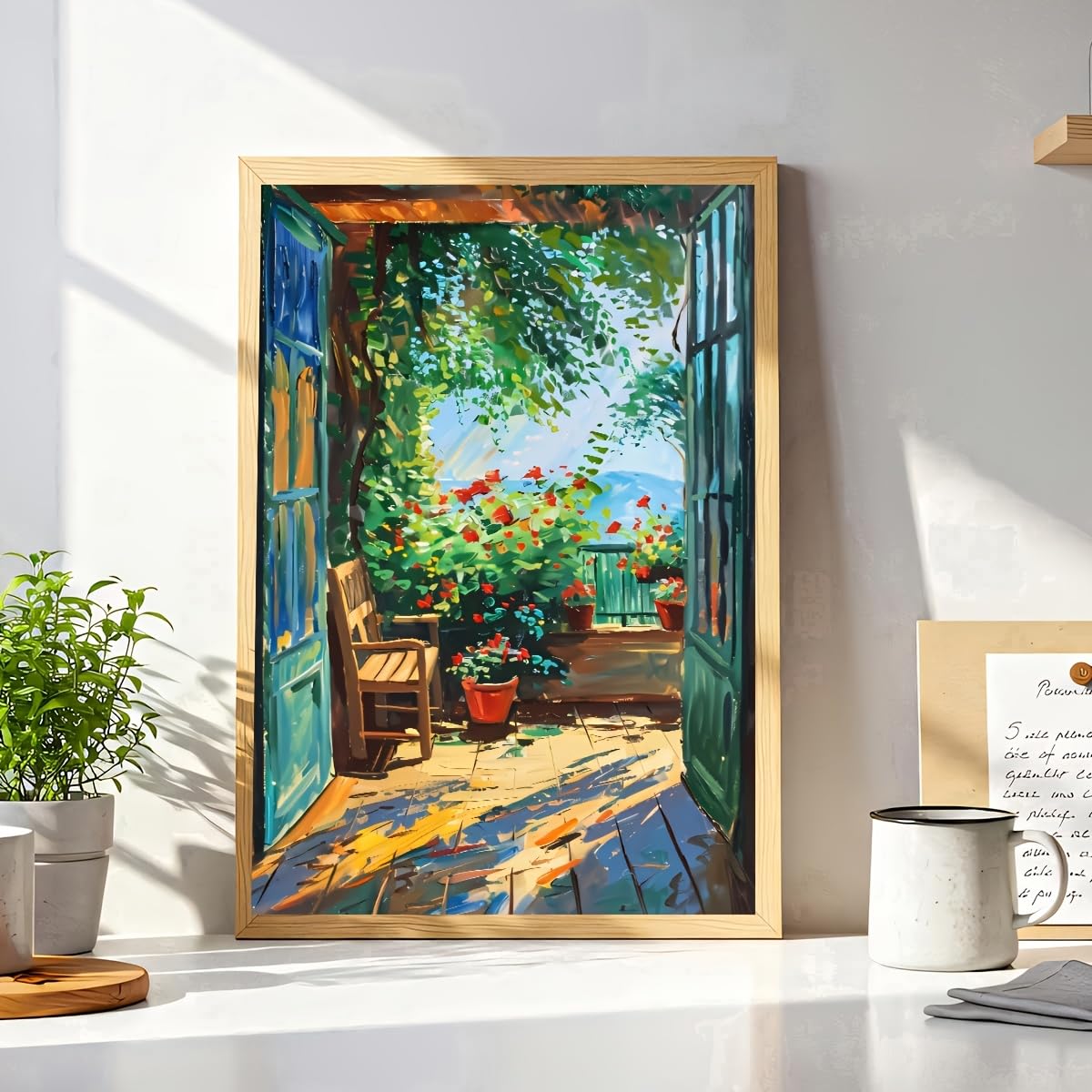 IXEHOH Stampe su Tela Terrazza Giardino Impressionista, Arte da Parete Verticale per Soggiorno, Decorazioni da Parete, Arte da Parete Estetica, Grande Arte Moderna Astratta per la Casa 80x130cm