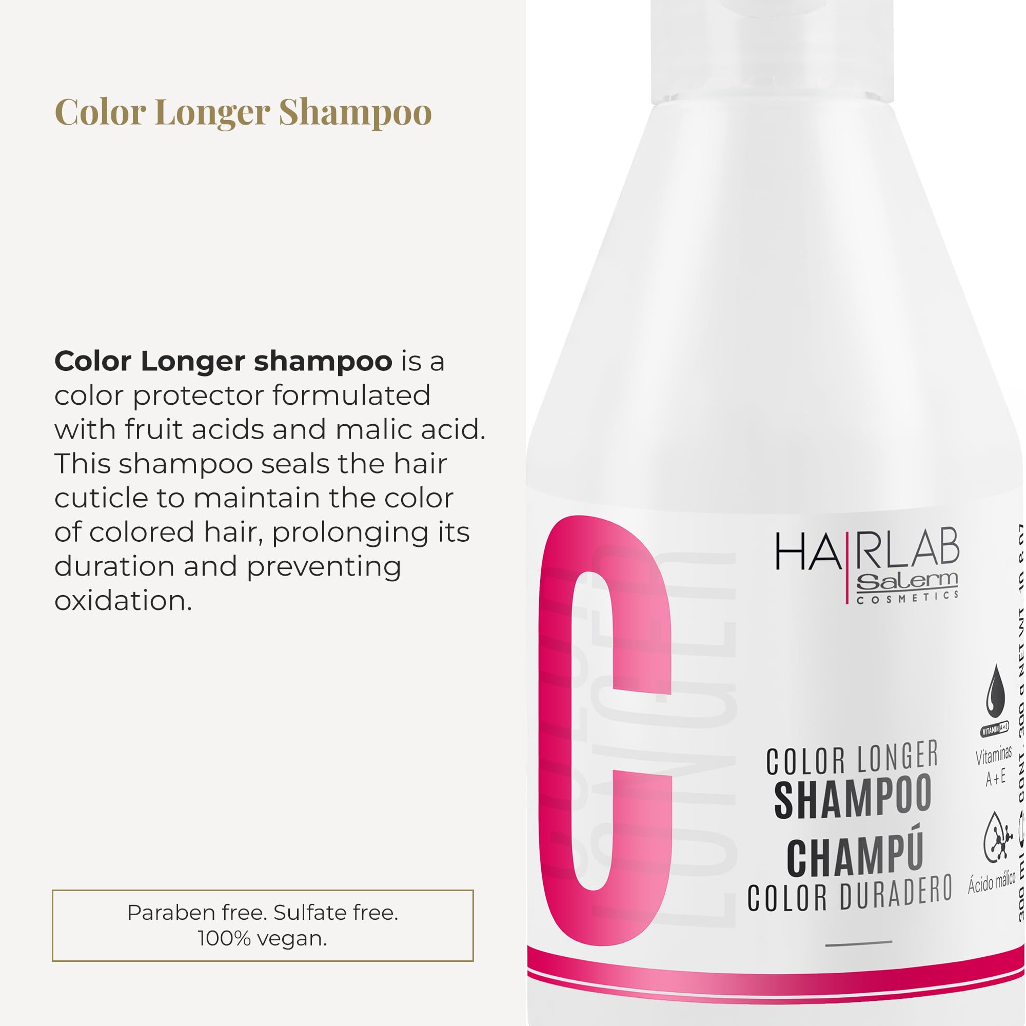 Salerm Shampoo for Dyed Bleached or Grey Hair, Color Longer Hair Lab Shampoo, 300ml, With Provitamin B5 and Vitamins A and E - Image 2