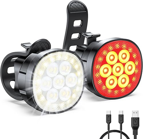 Luces de bicicleta, 8+12 modos y recargable por USB Luces LED ultra brillantes para bicicleta de noche linterna delantera y trasera, IP65