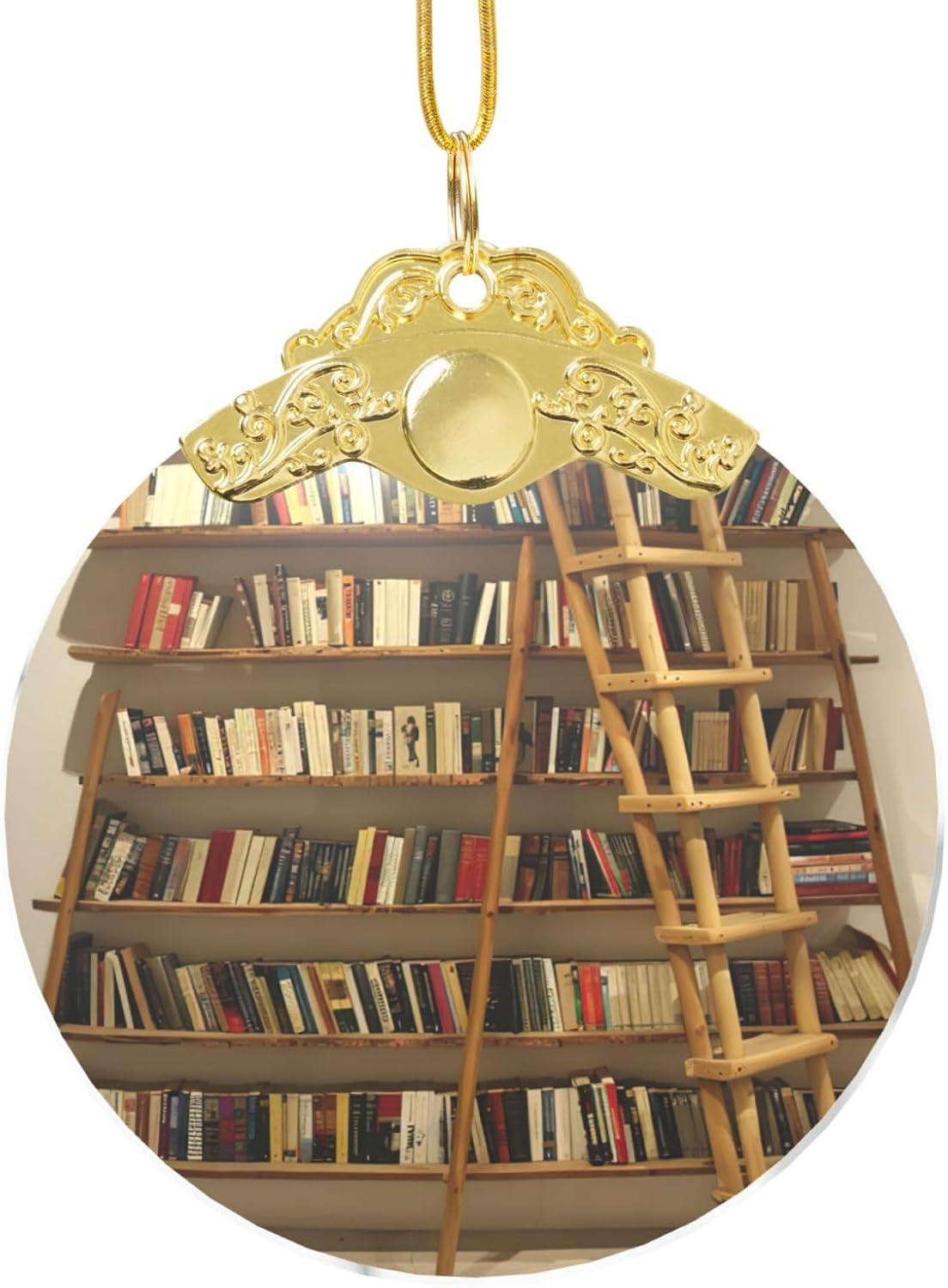 Funny Book Shelves Collection and Ladder Print Clear Glass Round Pendant with Chain,Indoor Use Decorative Pendant,Creative Decoration