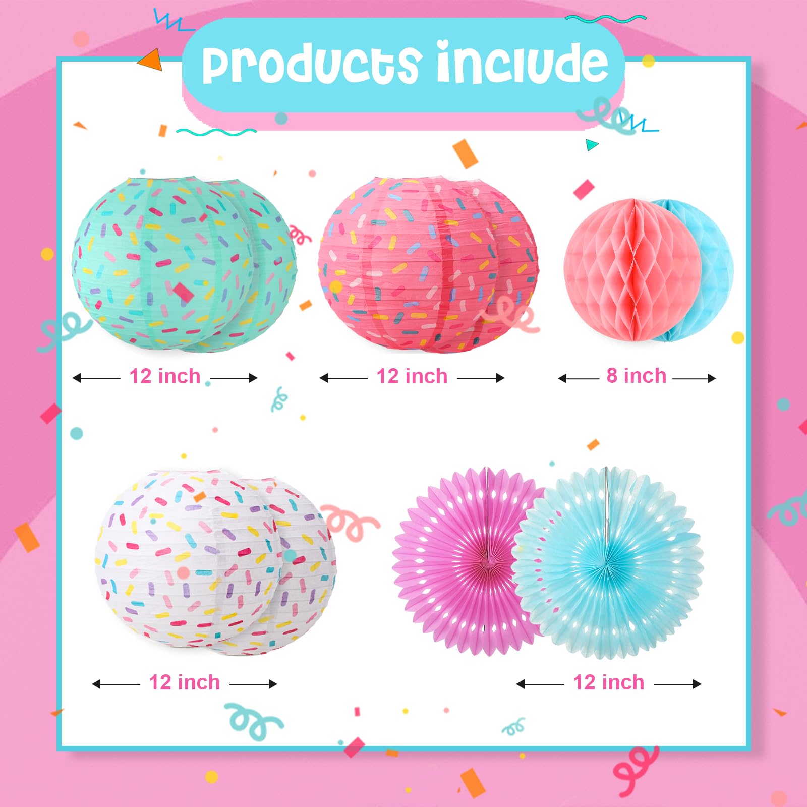 10-Piece Donut Birthday Party Decorations – Hanging Paper Lanterns, Honeycomb Balls & Fans, Pink/Blue/White, For Ice Cream & Sweet Theme Parties